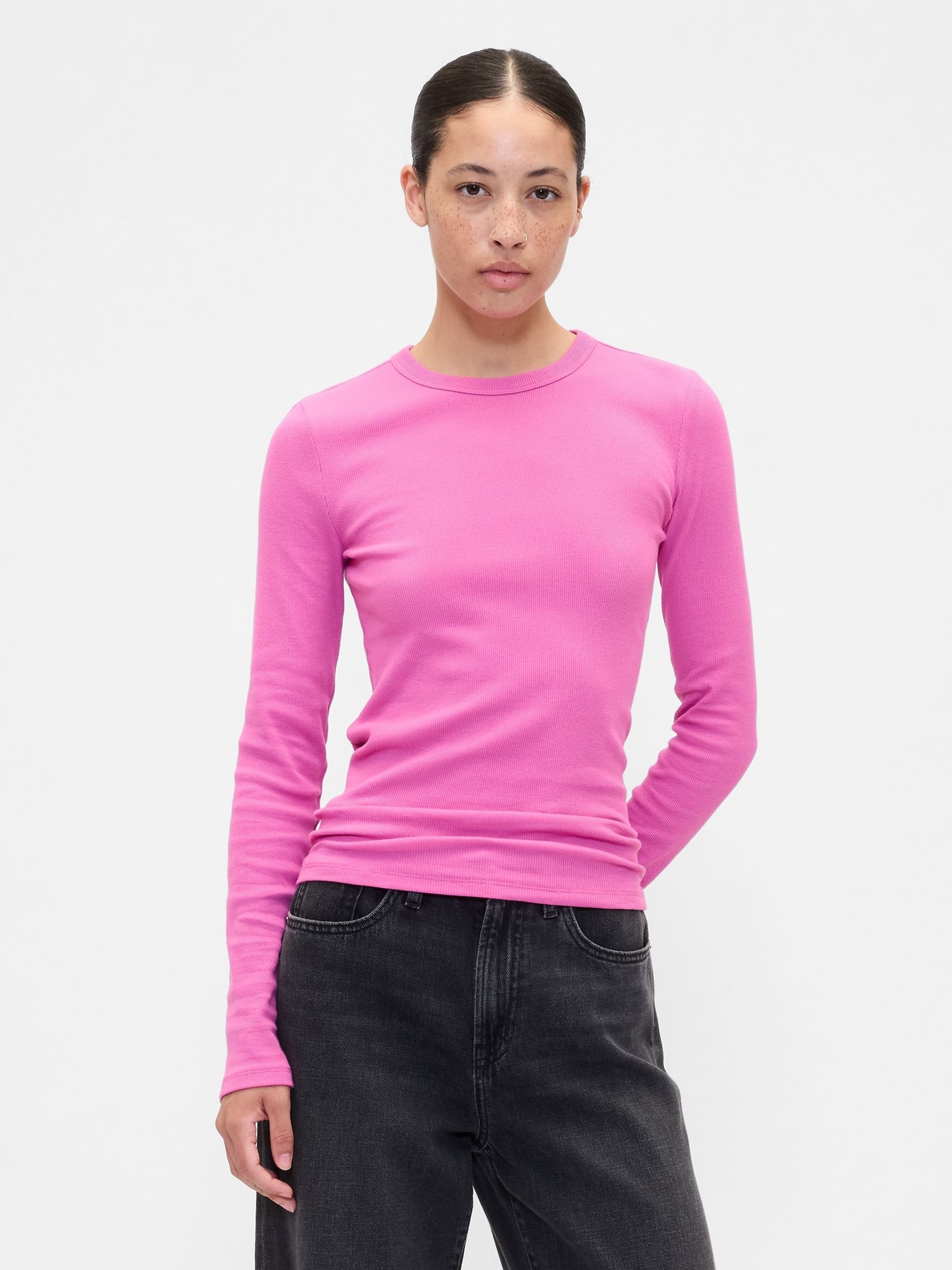 Pink Long Sleeve Rib T-Shirt - Image 1 of 5 Pink Long Sleeve Rib T-Shirt - Image 1 of 5