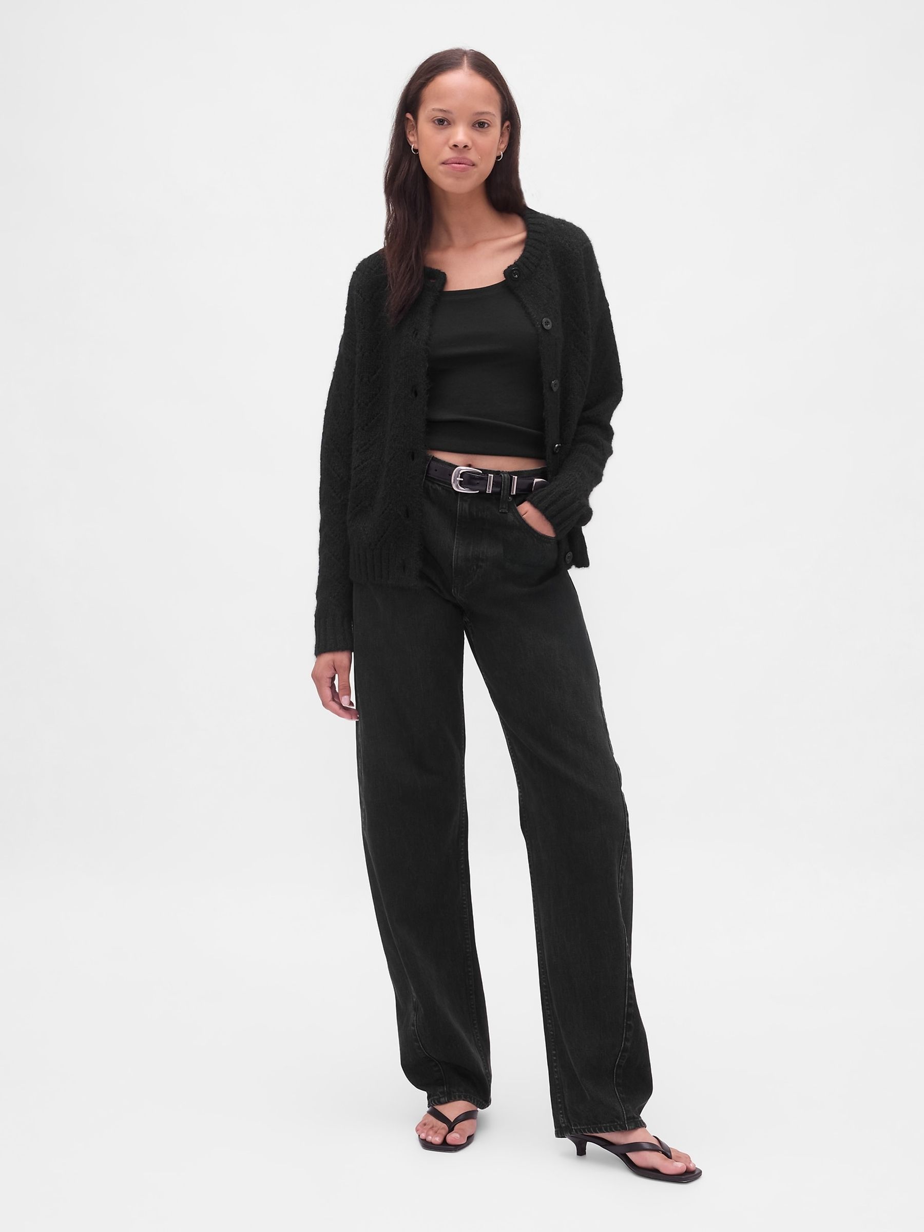 Black Fuzzy Pointelle Cardigan - Image 3 of 4