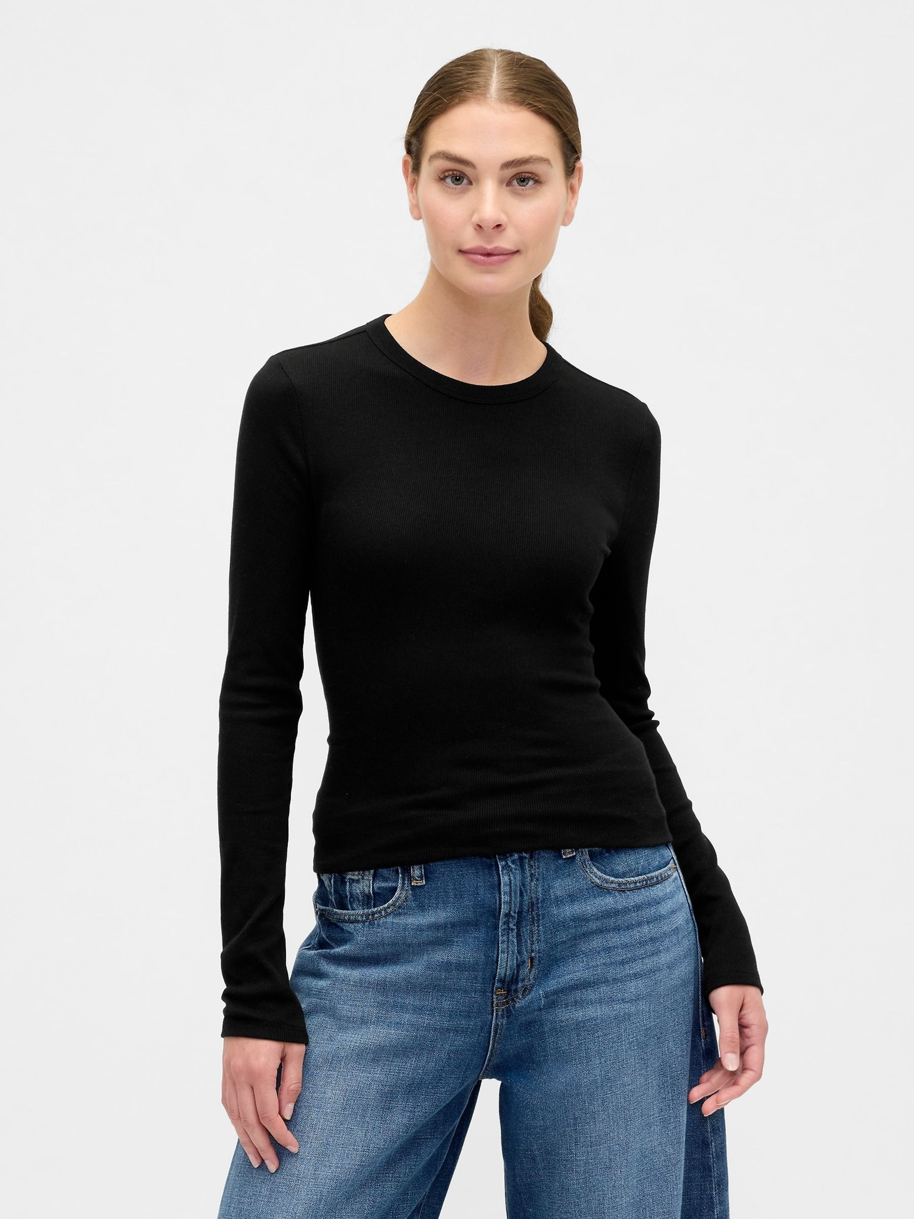 Black Long Sleeve Rib T-Shirt - Image 1 of 5 Black Long Sleeve Rib T-Shirt - Image 1 of 5