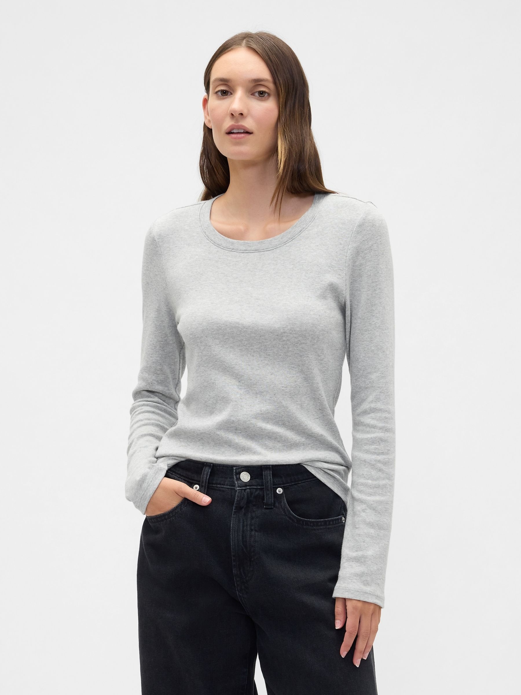 Grey Long Sleeve Modern Crewneck T-Shirt - Image 1 of 5