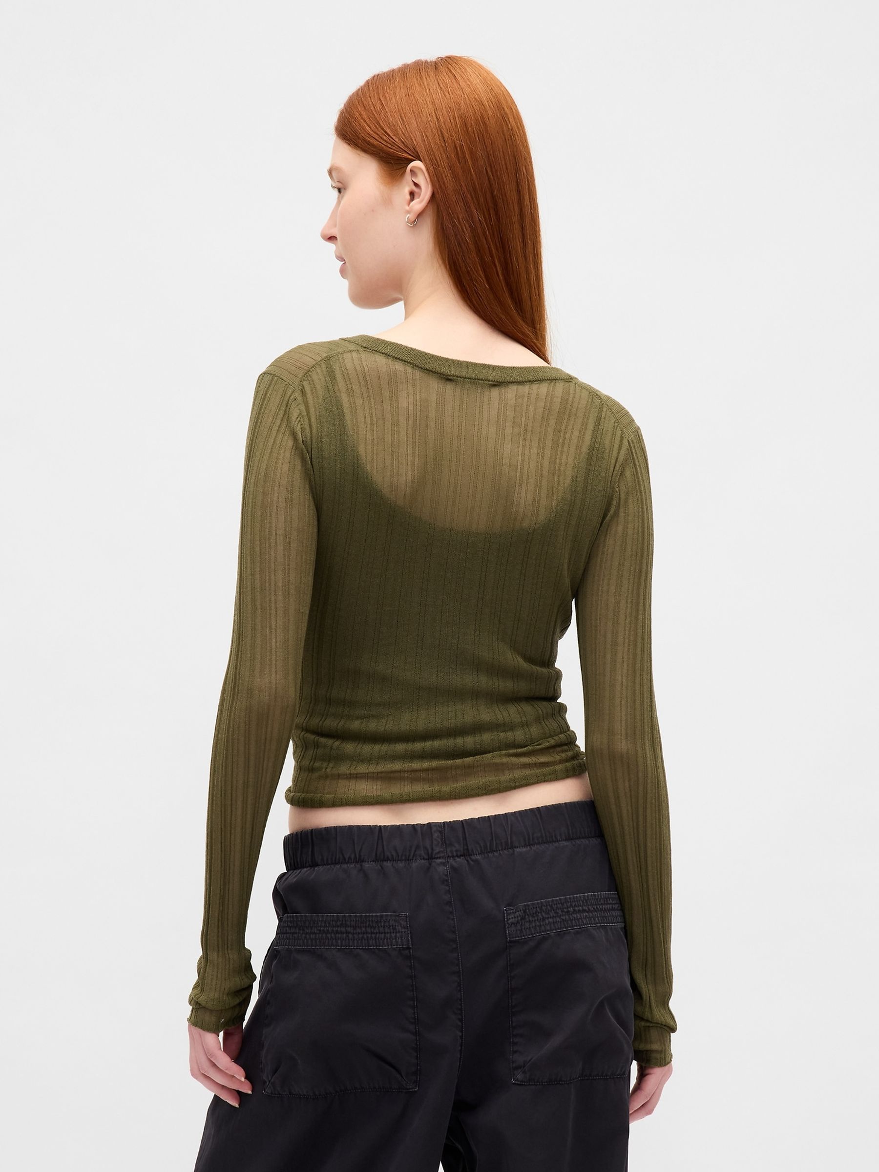 Green Long Sleeve Sheer Rib Henley Top - Image 2 of 4
