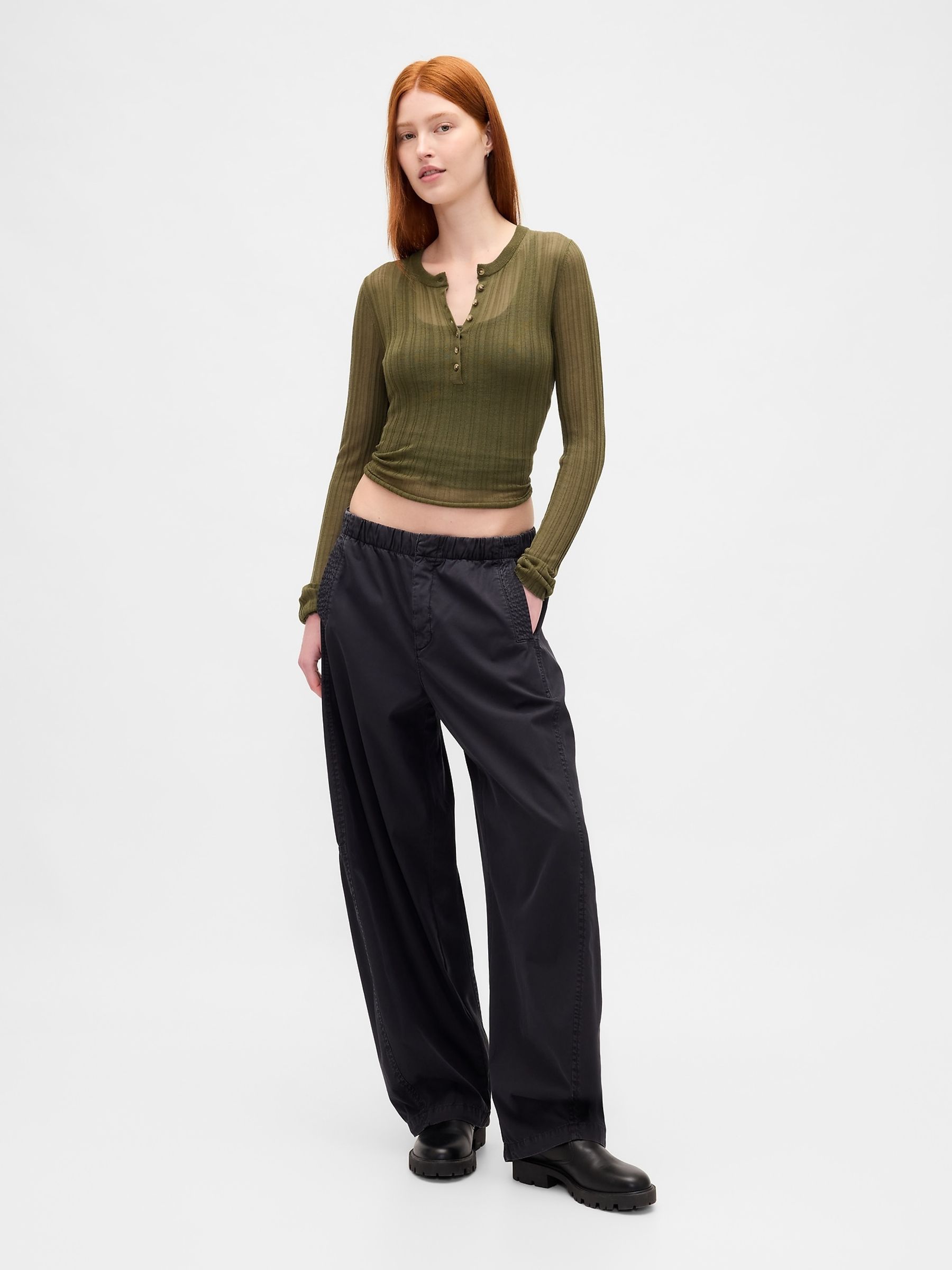 Green Long Sleeve Sheer Rib Henley Top - Image 3 of 4