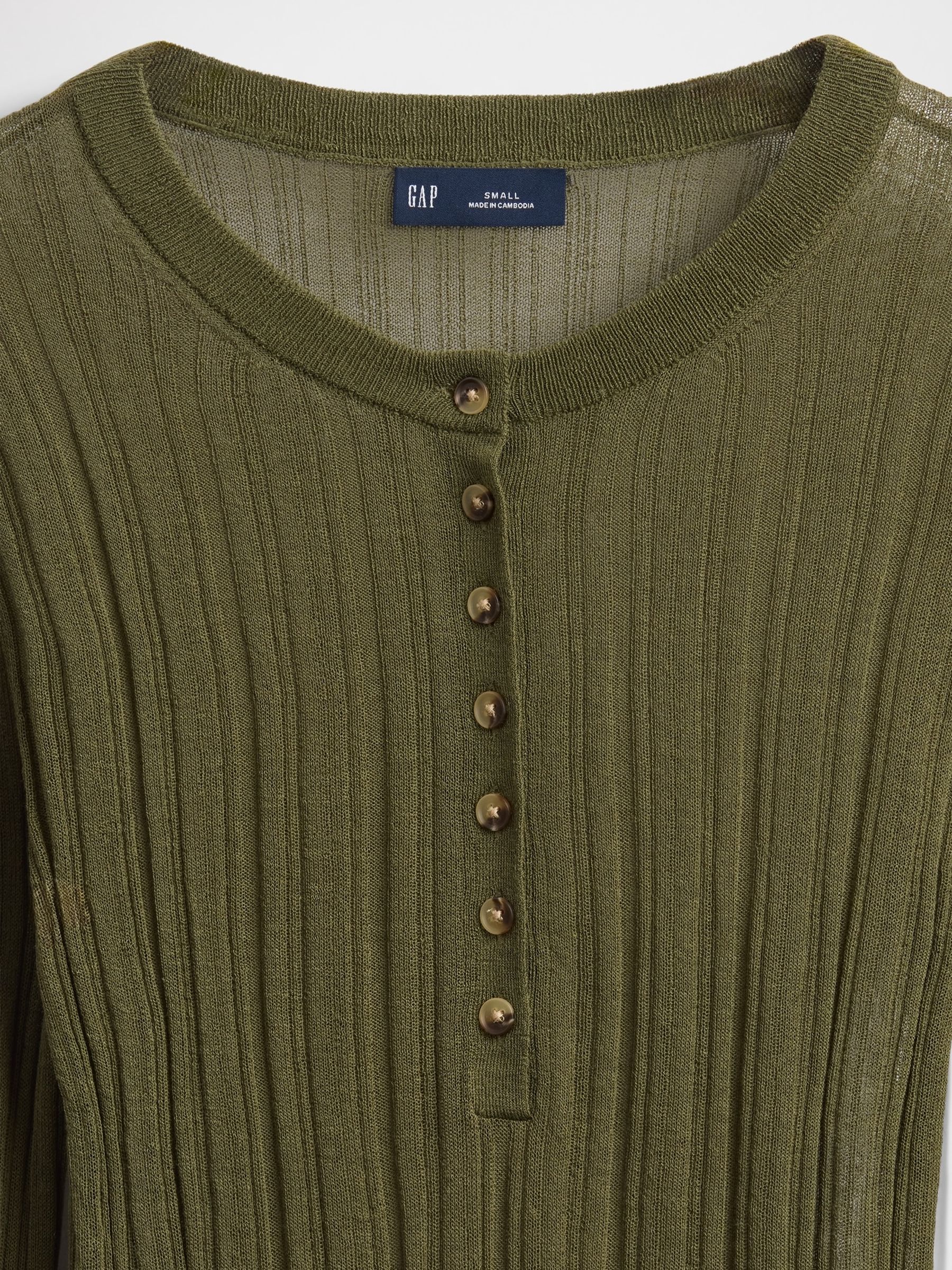 Green Long Sleeve Sheer Rib Henley Top - Image 4 of 4