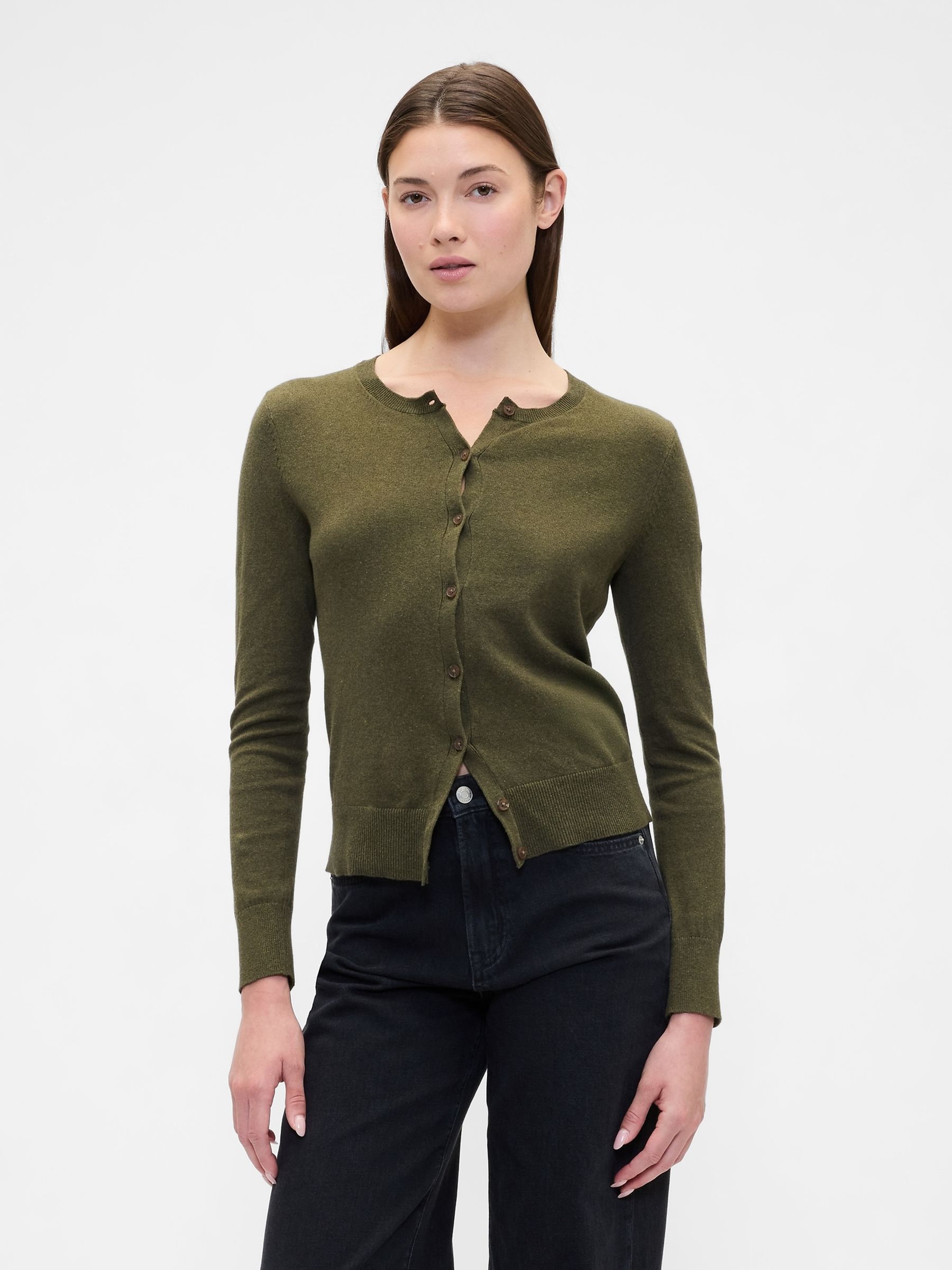 Olive Green Crew Neck Cardigan - Image 1 of 5 Olive Green Crew Neck Cardigan - Image 1 of 5