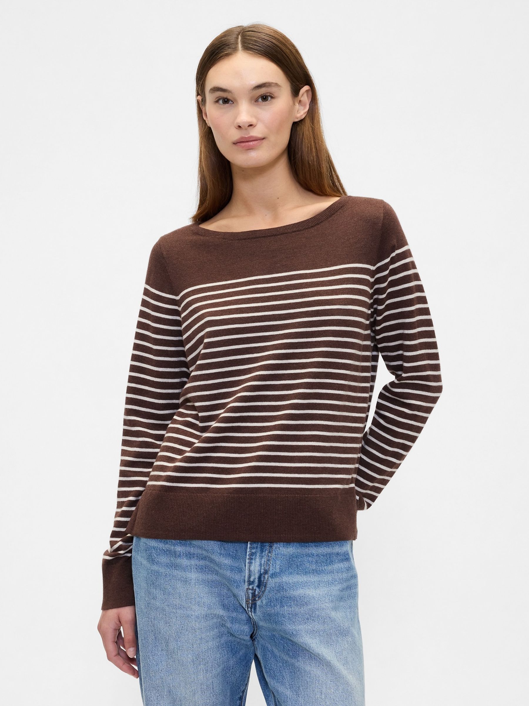 Brown/White Stripe Bella Boat Neck Jumper - Image 1 of 5 Brown/White Stripe Bella Boat Neck Jumper - Image 1 of 5