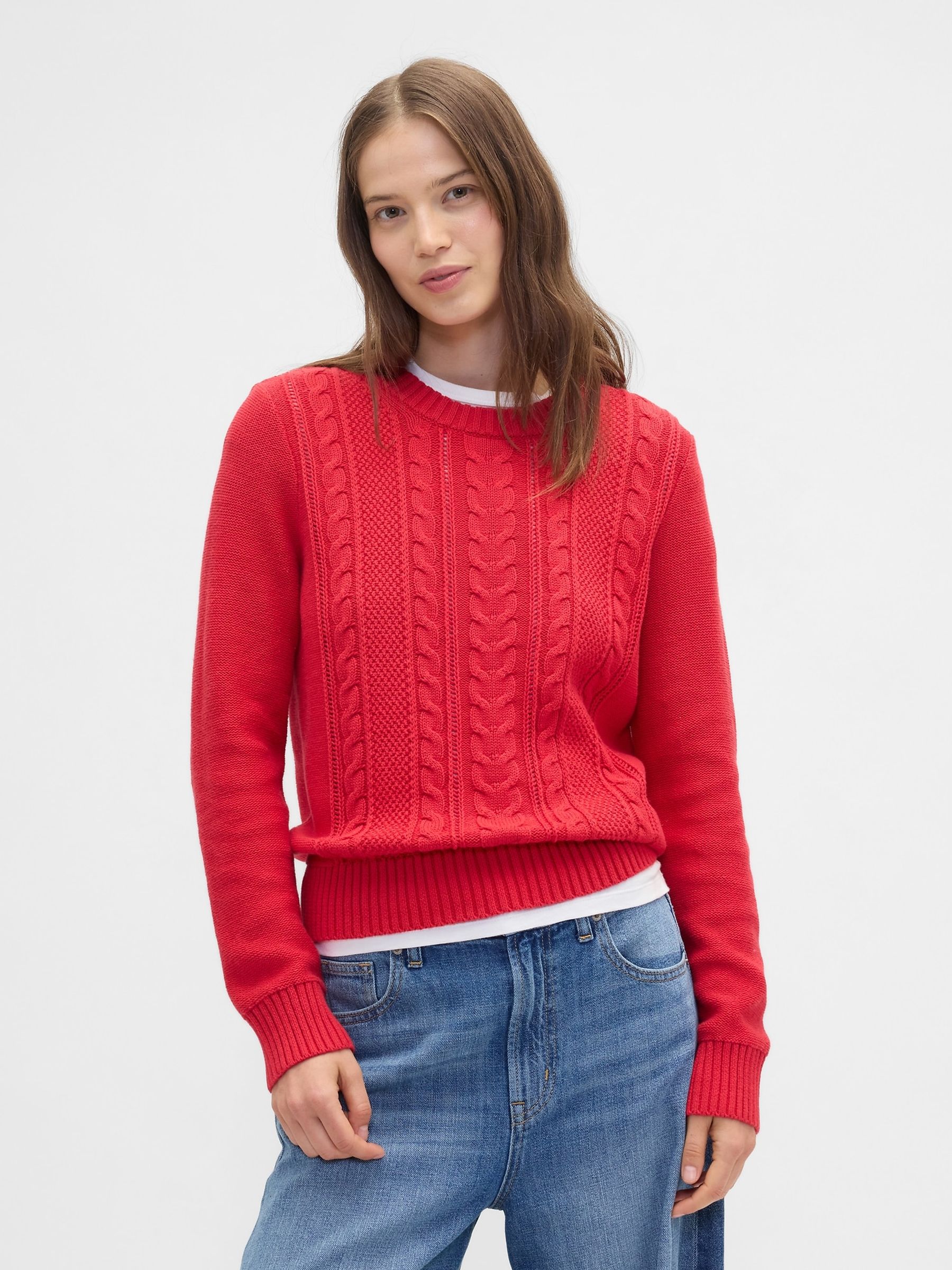 Red Cotton Cable Knit Sweatshirt - Image 1 of 5
