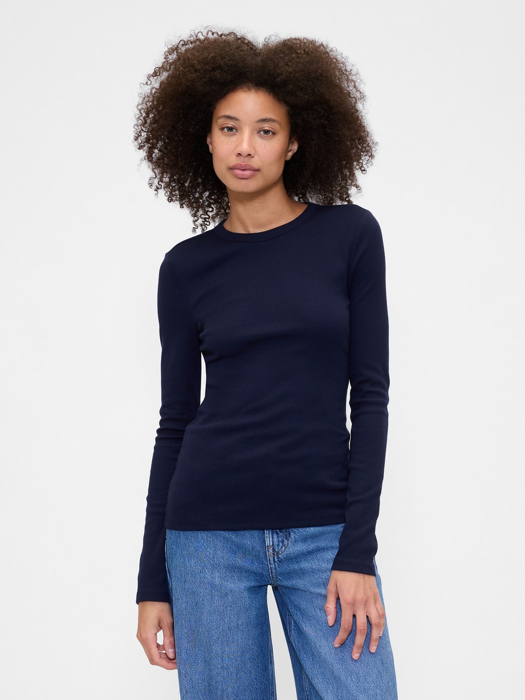 Navy Blue Long Sleeve Ribbed T-Shirt - Image 1 of 5
