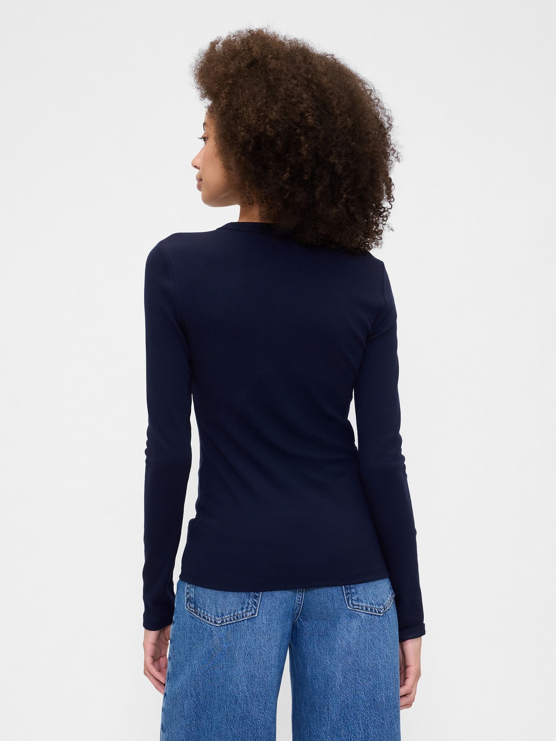 Navy Blue Long Sleeve Ribbed T-Shirt - Image 2 of 5