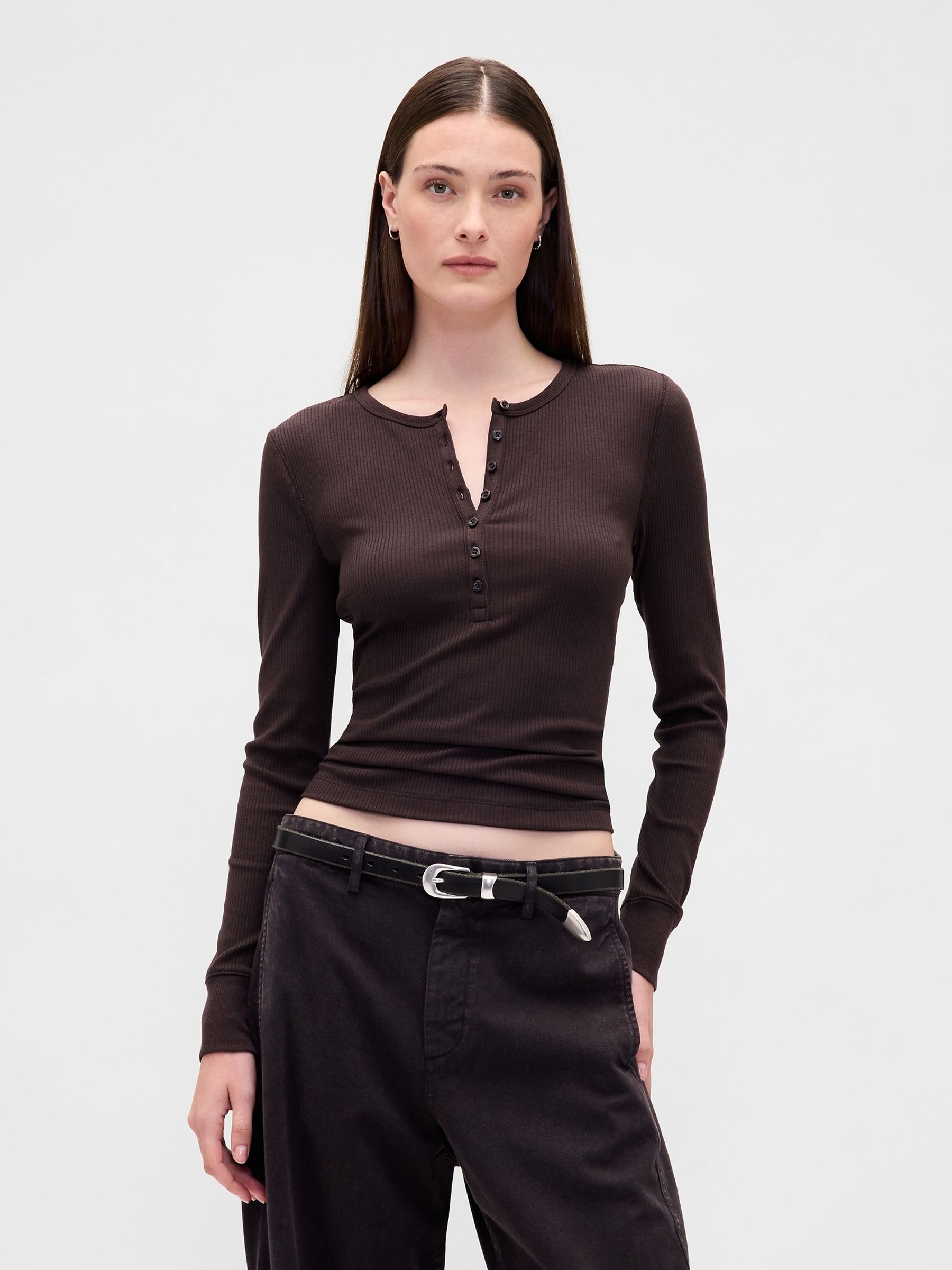 Brown Modern Rib Long Sleeve Henley T-Shirt - Image 1 of 3