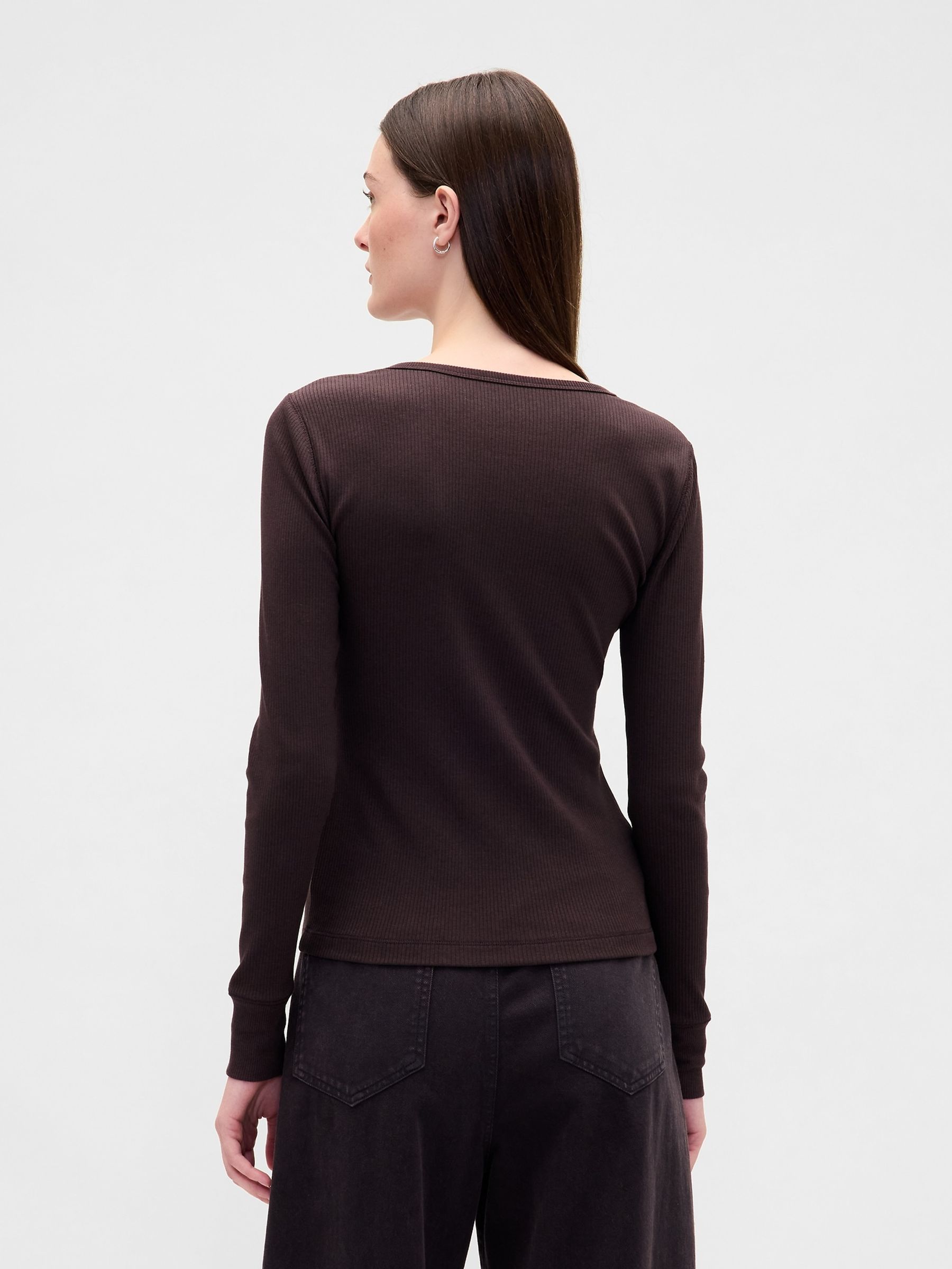 Brown Modern Rib Long Sleeve Henley T-Shirt - Image 2 of 3