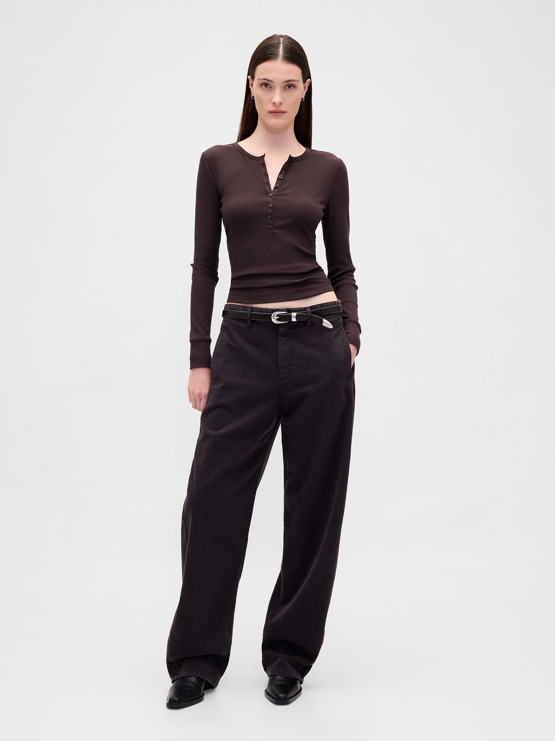 Brown Modern Rib Long Sleeve Henley T-Shirt - Image 3 of 3