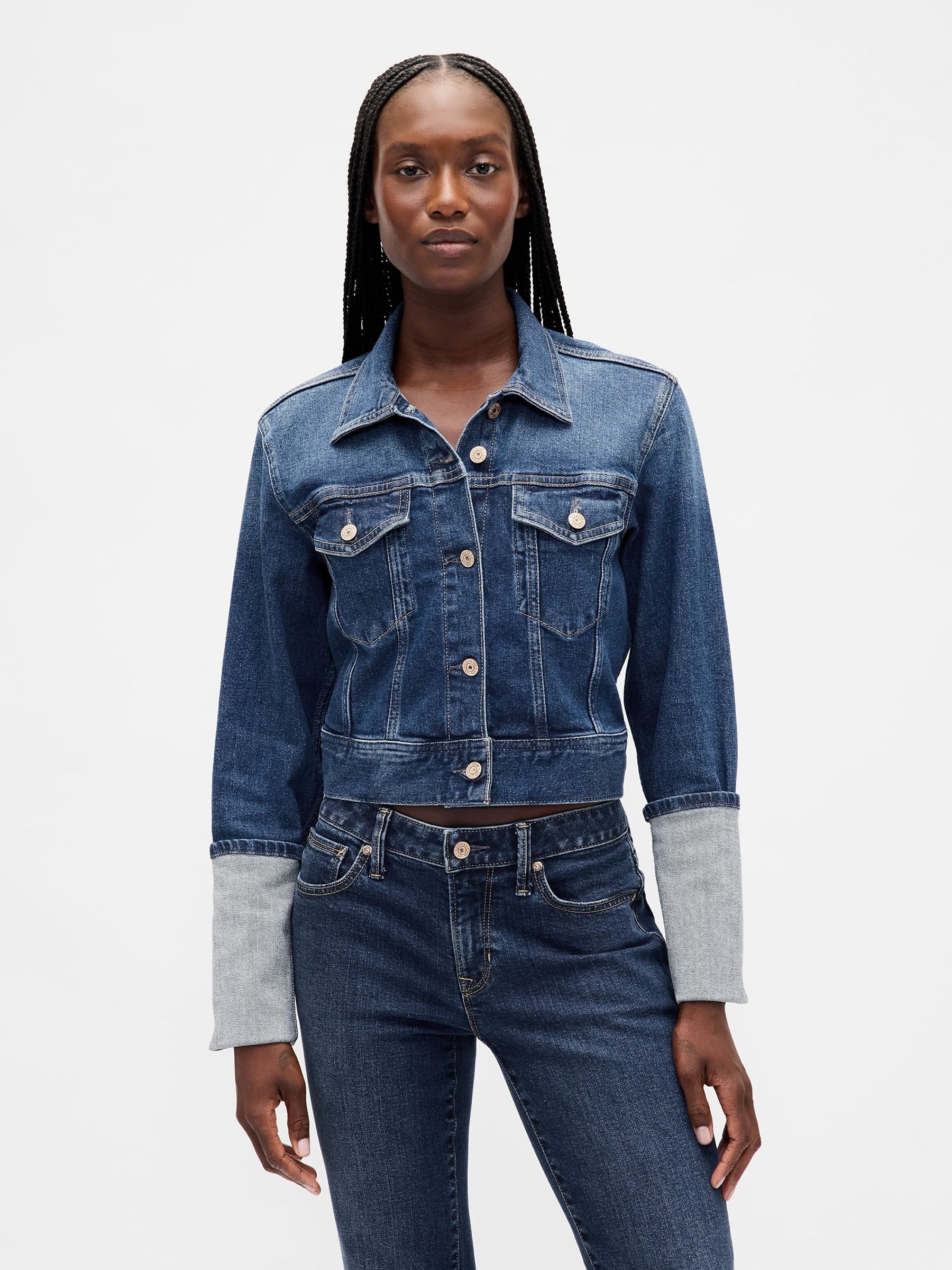 Blue Pin-Cuff Crop Icon Denim Jacket Gap
