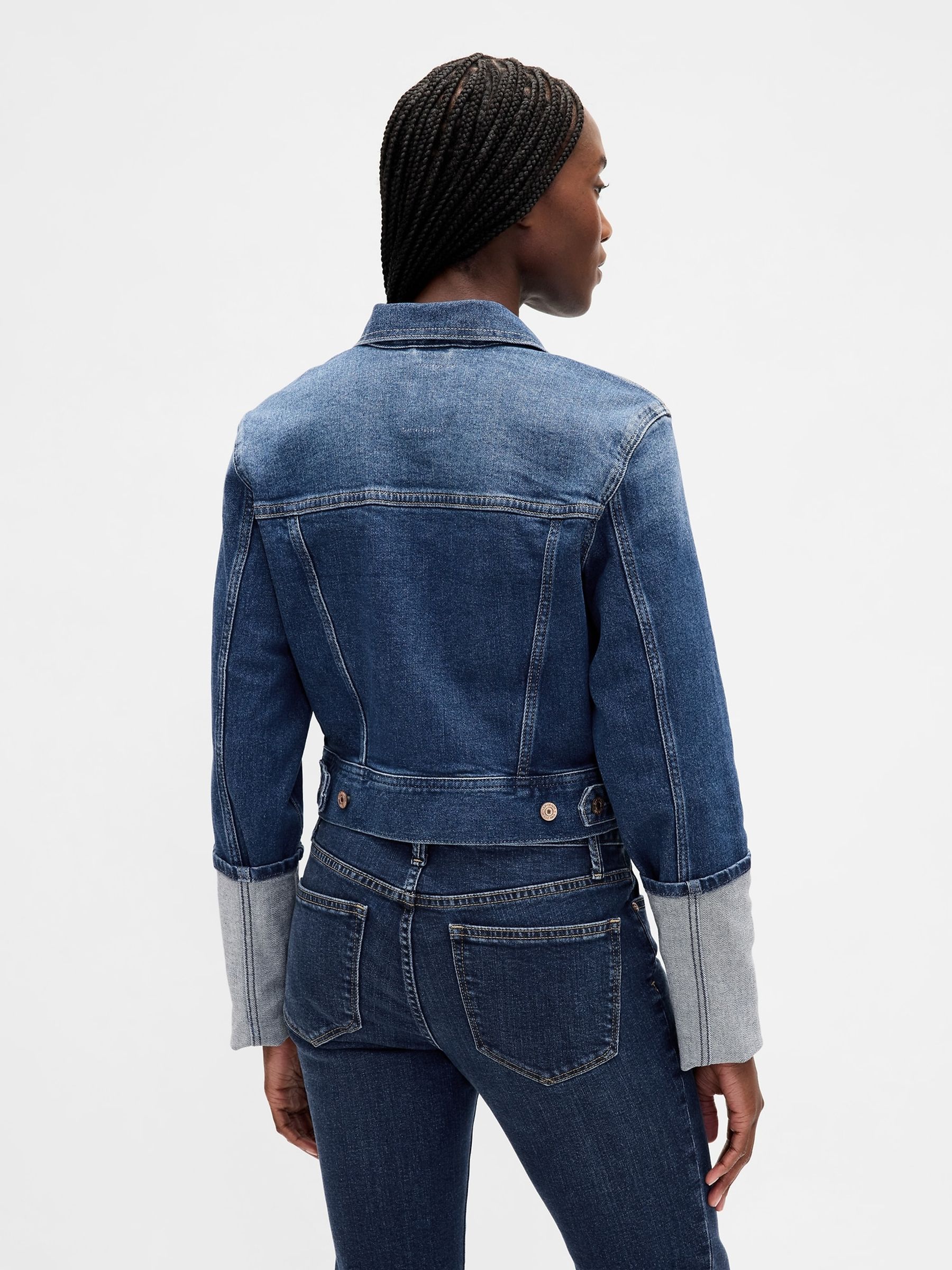 Blue Pin-Cuff Crop Icon Denim Jacket - Image 2 of 9