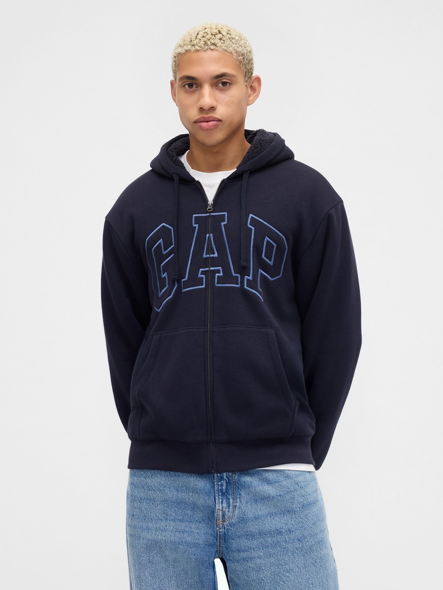 Blue Relaxed Logo Sherpa-Lined Zip Hoodie - Image 1 of 4