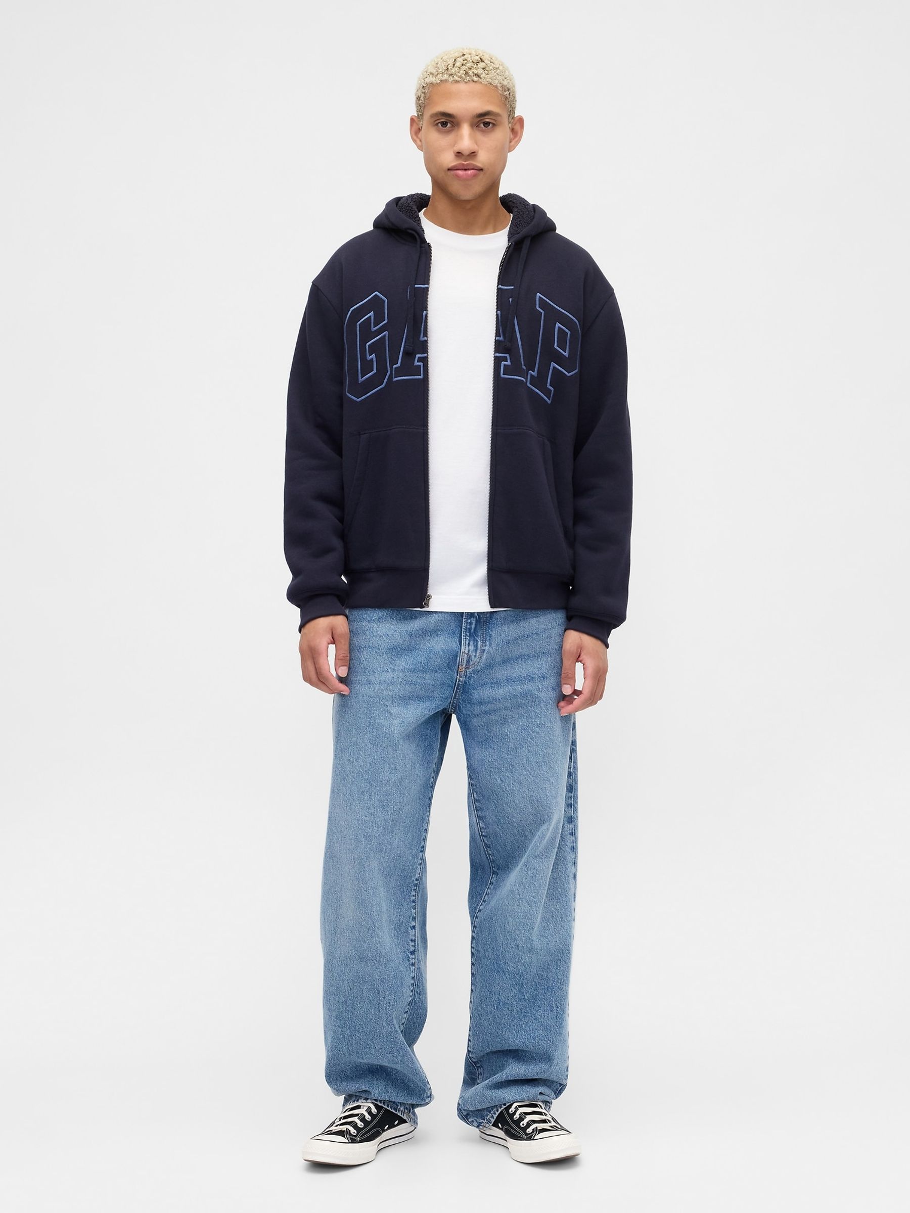Navy Blue Relaxed Logo Sherpa-Lined Zip Hoodie | Gap