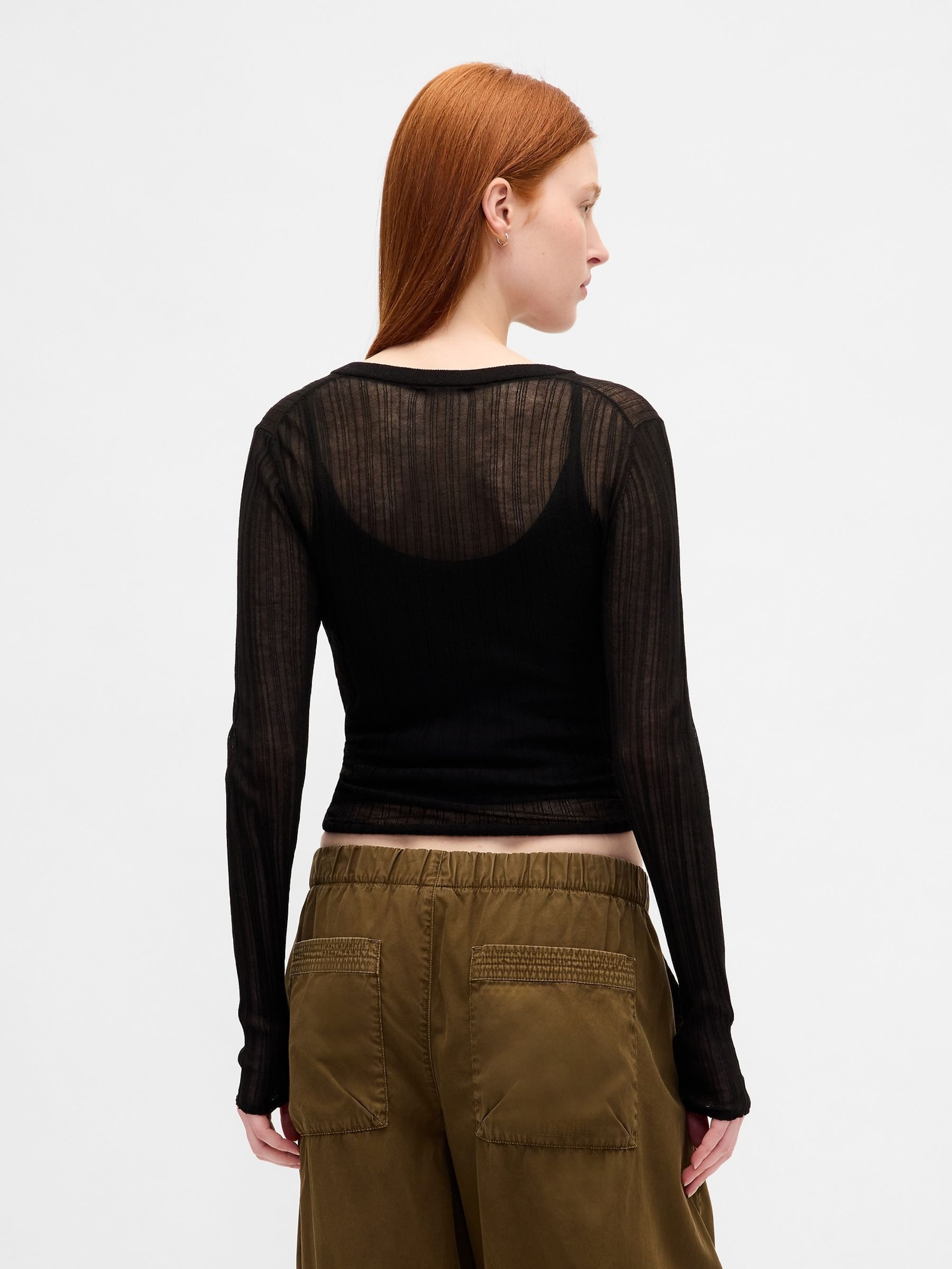 Black Long Sleeve Sheer Rib Henley Top - Image 2 of 4