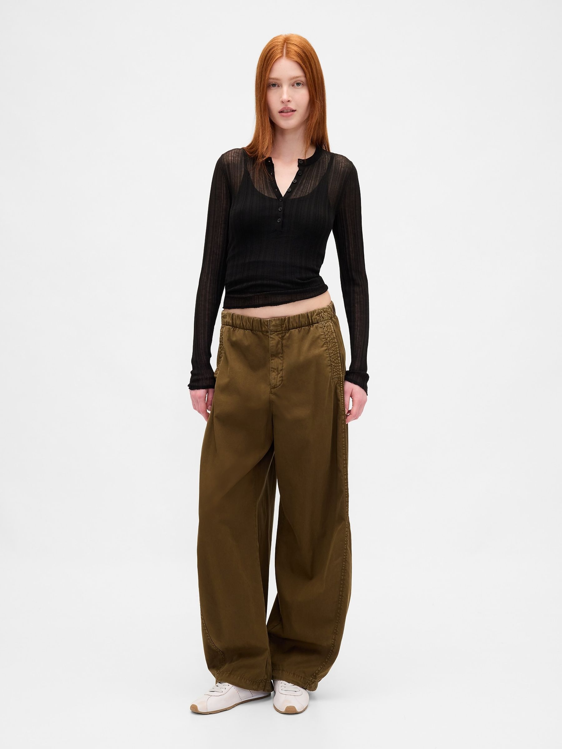 Black Long Sleeve Sheer Rib Henley Top - Image 3 of 4
