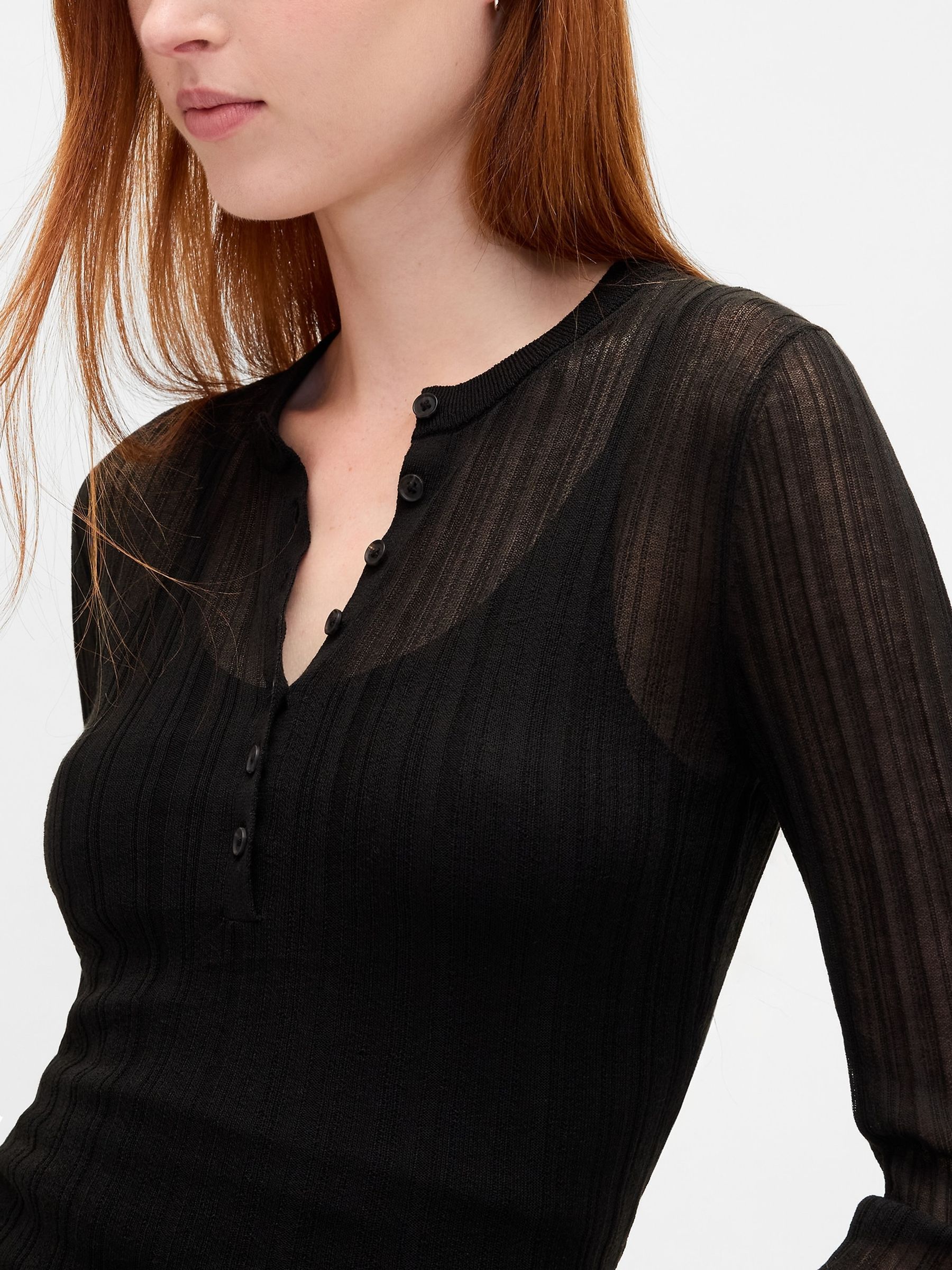 Black Long Sleeve Sheer Rib Henley Top - Image 4 of 4
