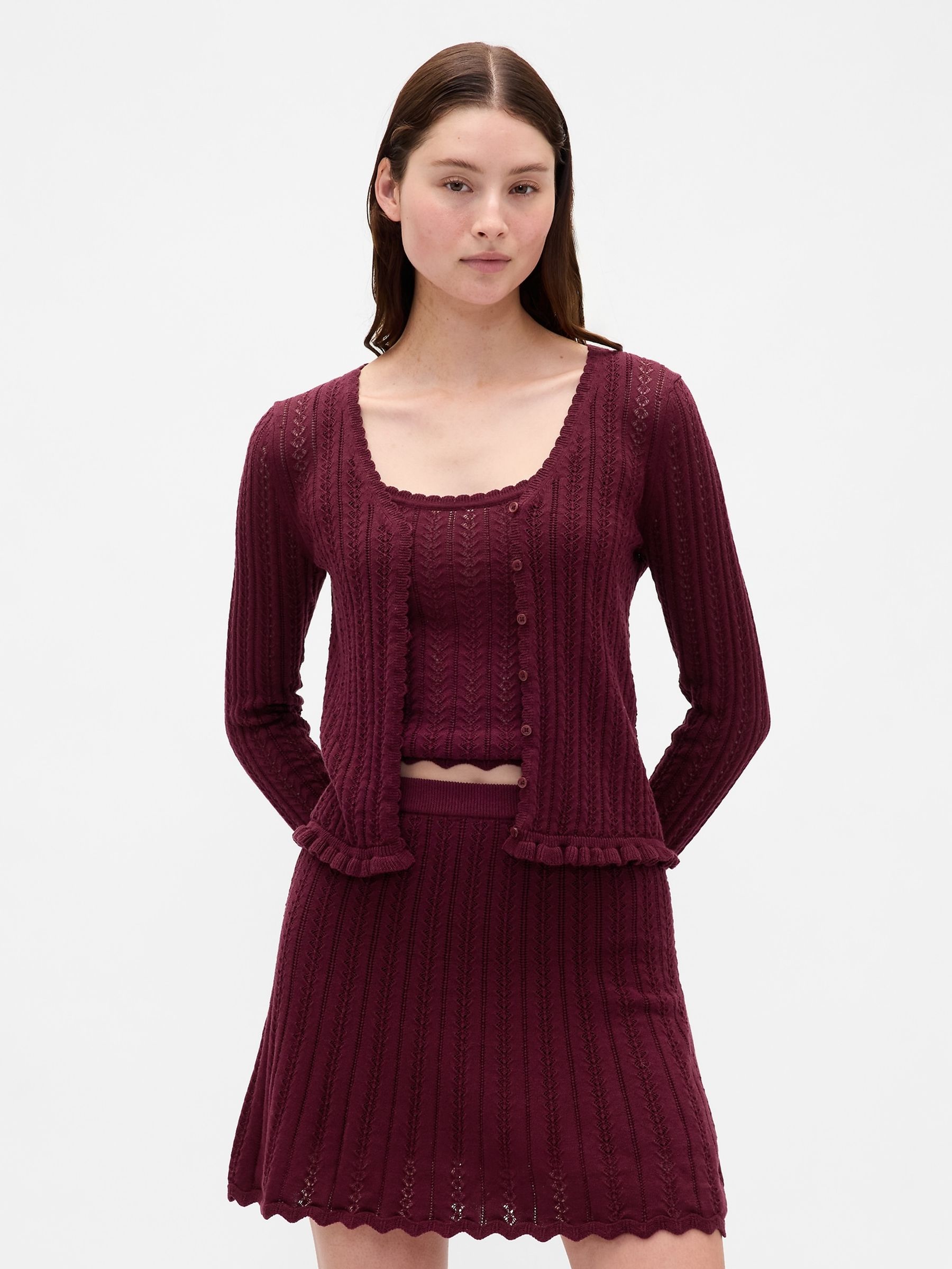 Burgundy Red Pointelle Cardigan - Image 1 of 4 Burgundy Red Pointelle Cardigan - Image 1 of 4