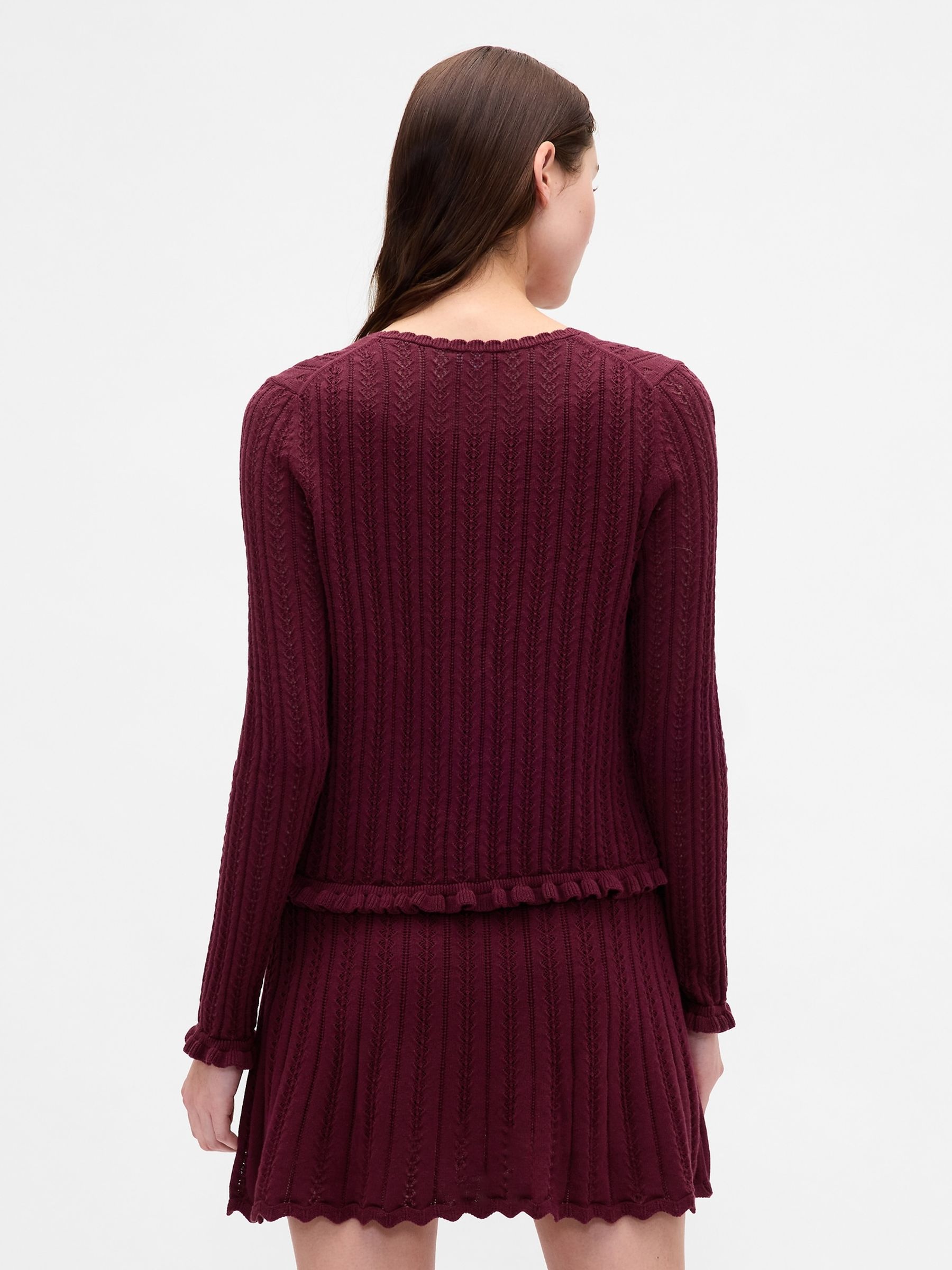 Burgundy Red Pointelle Cardigan - Image 2 of 4 Burgundy Red Pointelle Cardigan - Image 2 of 4