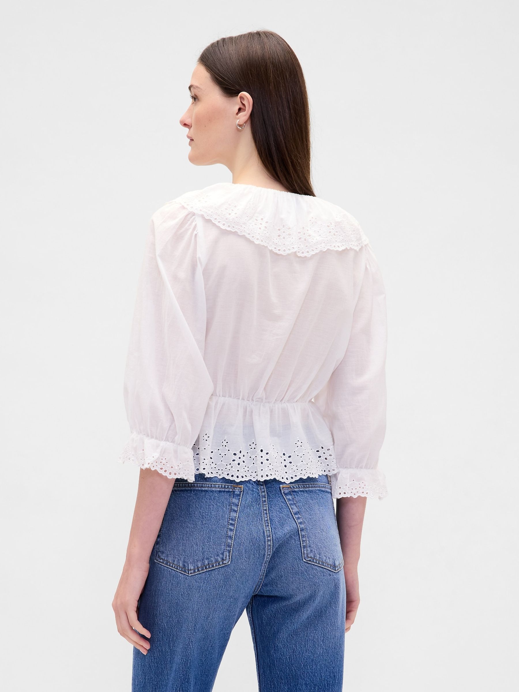 White Ruffle Collar V-Neck Top - Image 2 of 4