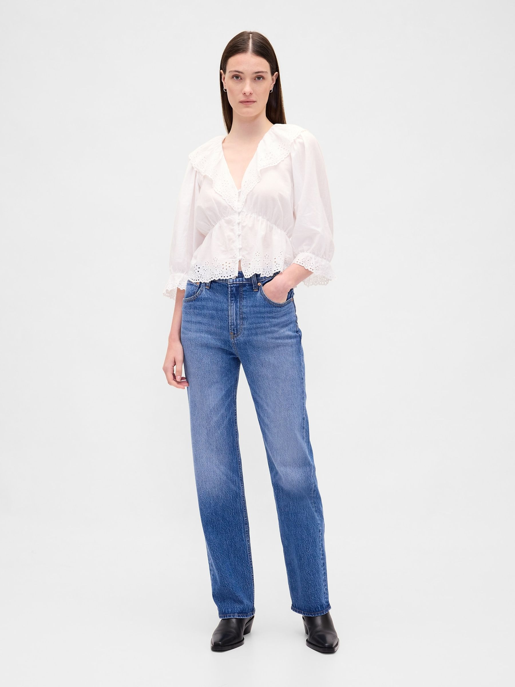 White Ruffle Collar V-Neck Top - Image 3 of 4