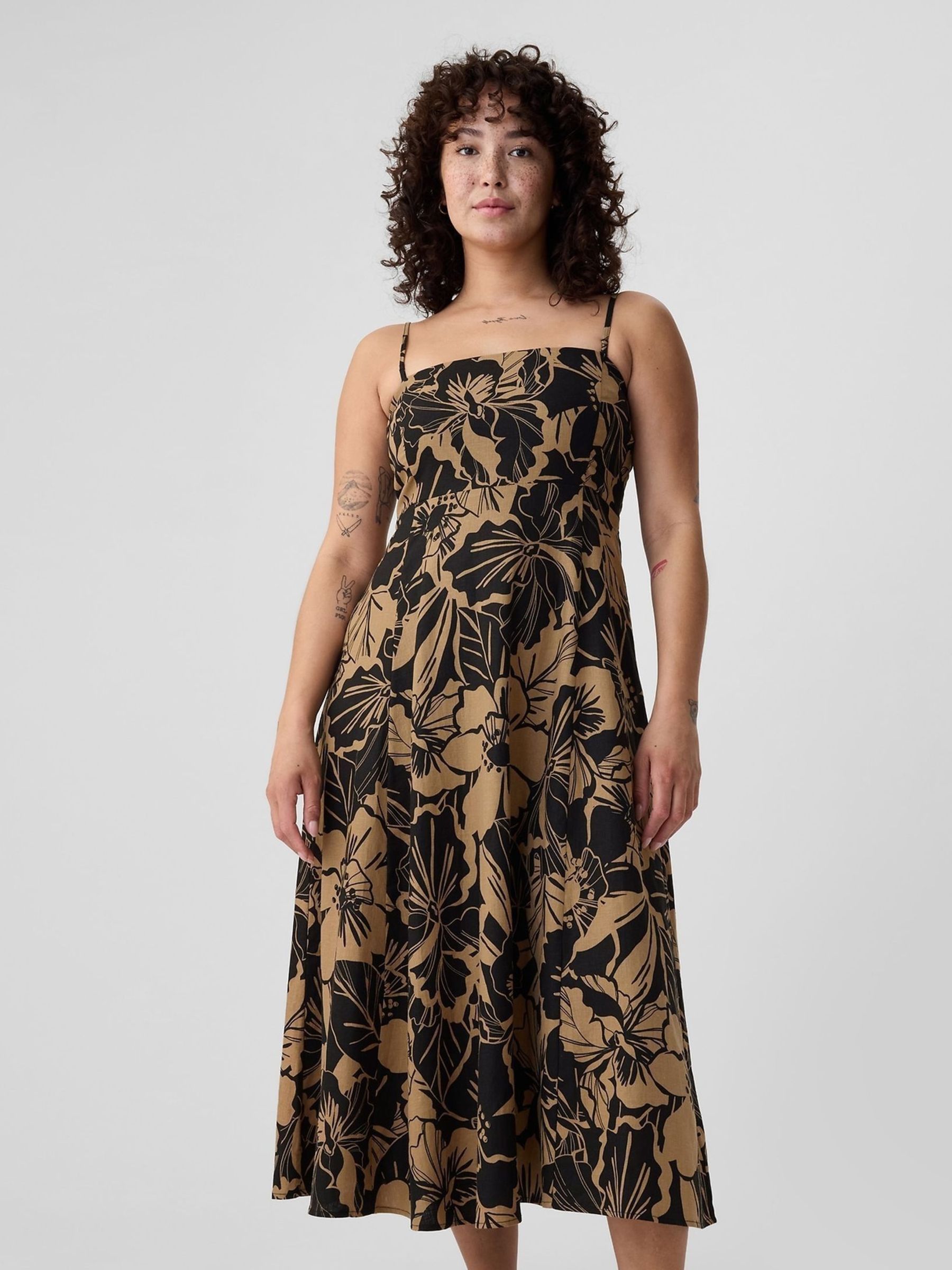 Black Floral Linen Blend Removable Straps Midi Dress - Image 1 of 6