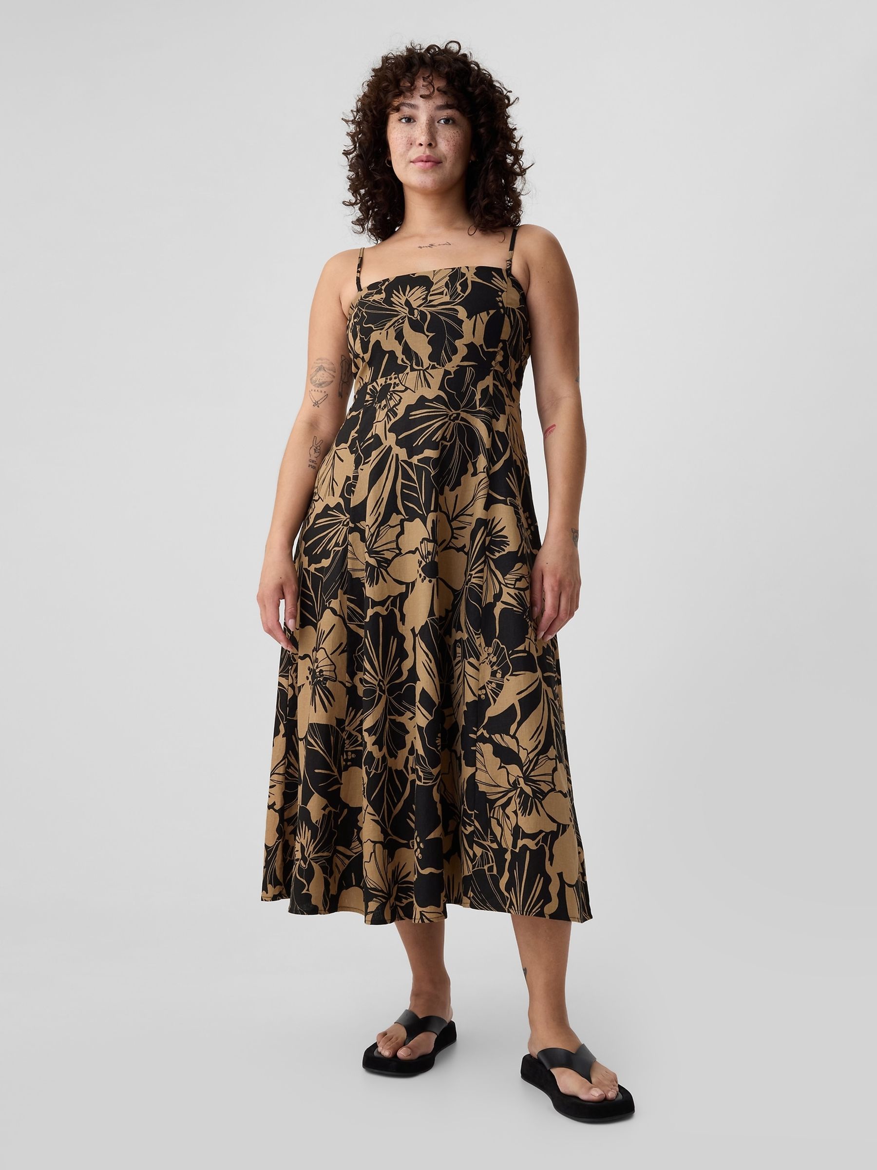 Black Floral Linen Blend Removable Straps Midi Dress - Image 2 of 6