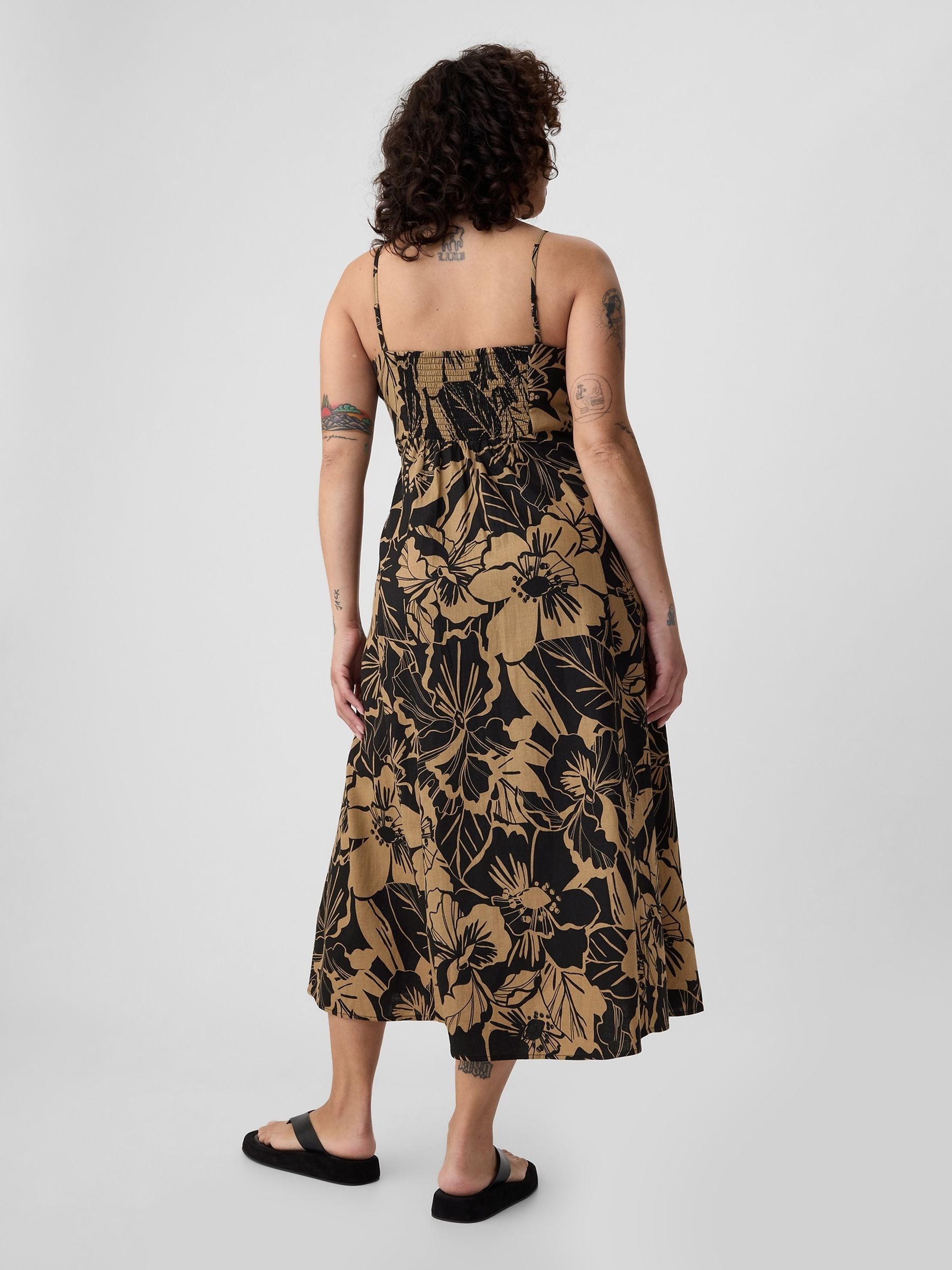 Black Floral Linen Blend Removable Straps Midi Dress - Image 3 of 6