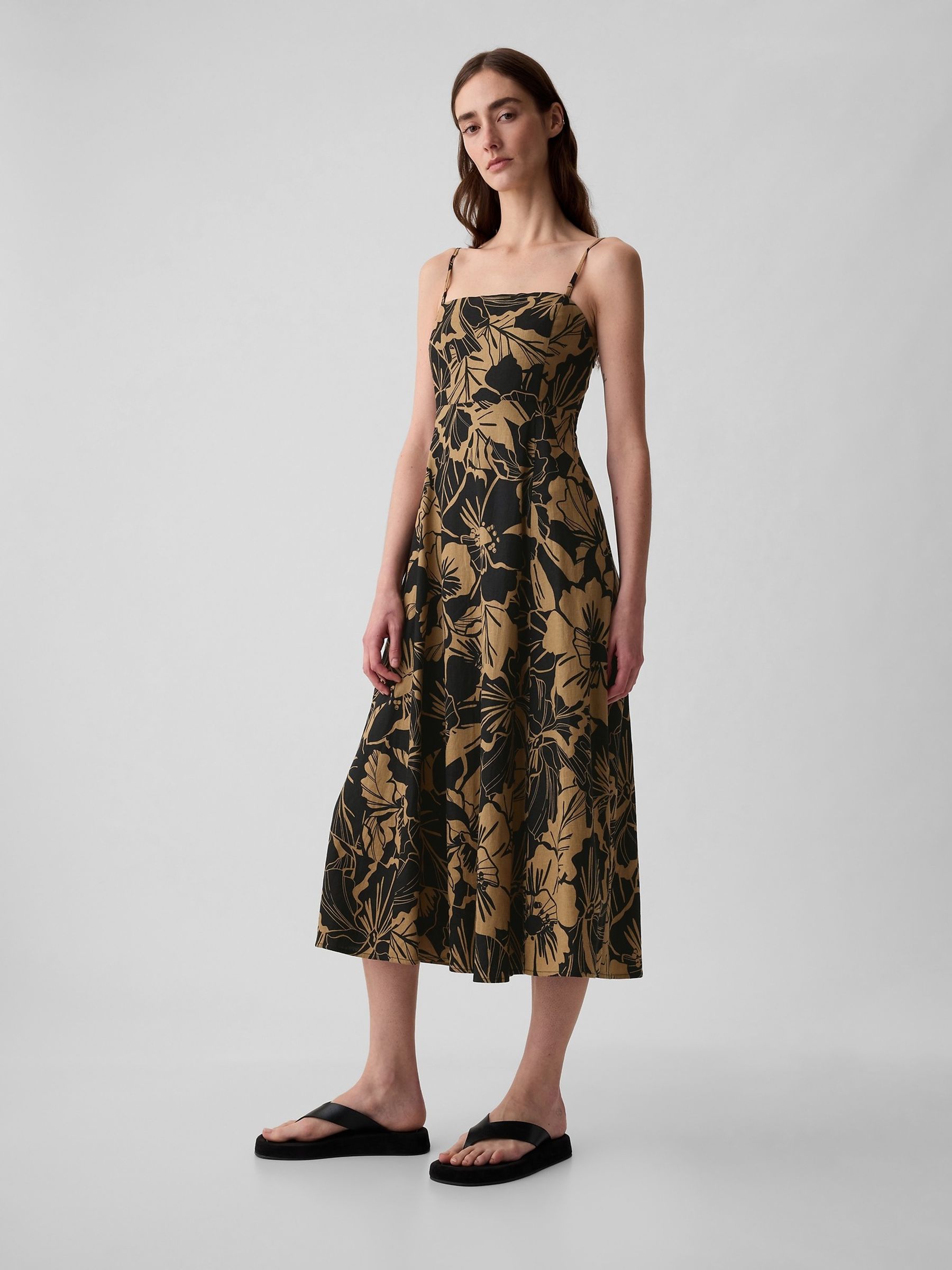 Black Floral Linen Blend Removable Straps Midi Dress - Image 6 of 6