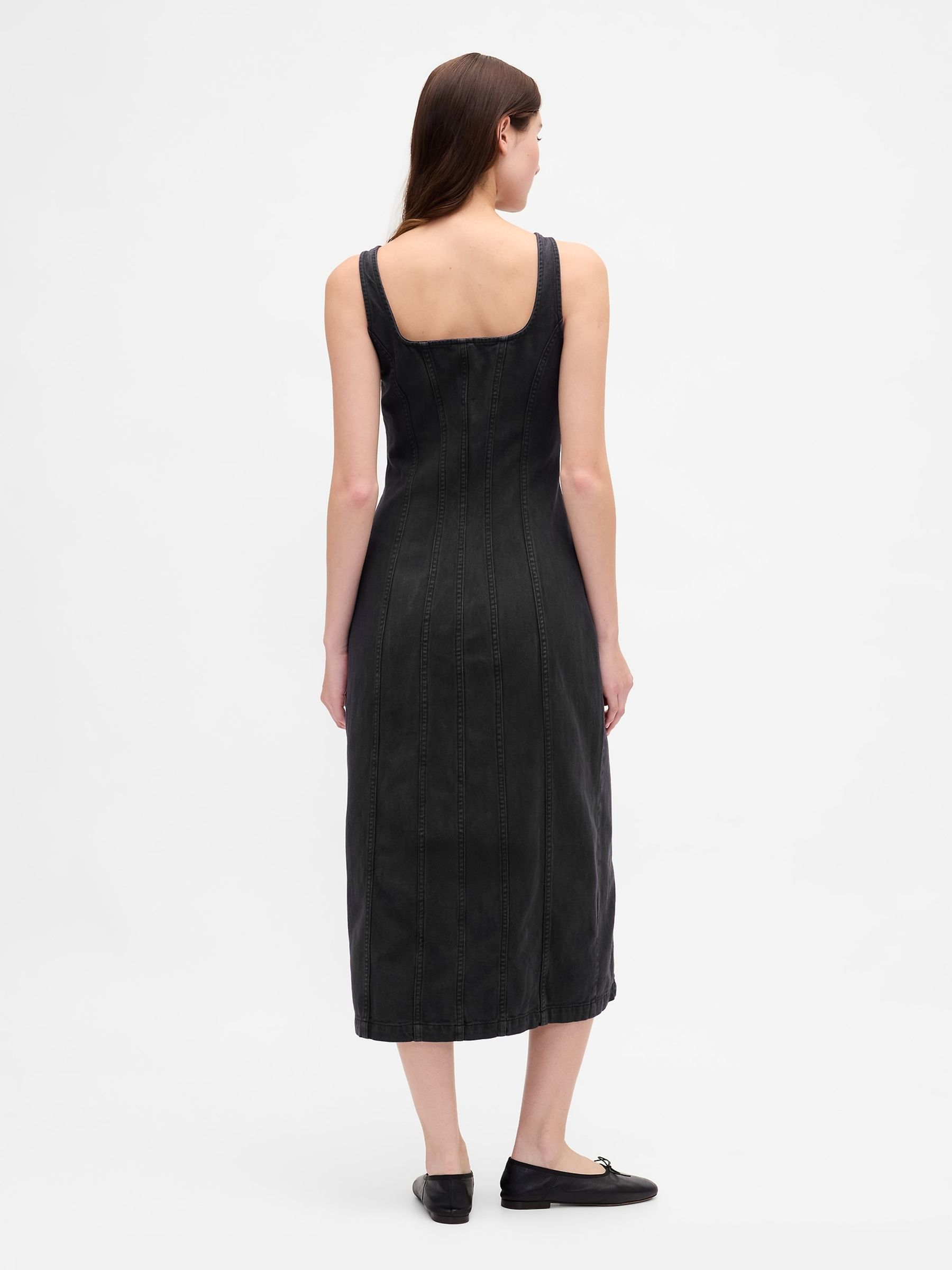 Black Seamed Button Front Midi Dress - Image 2 of 4