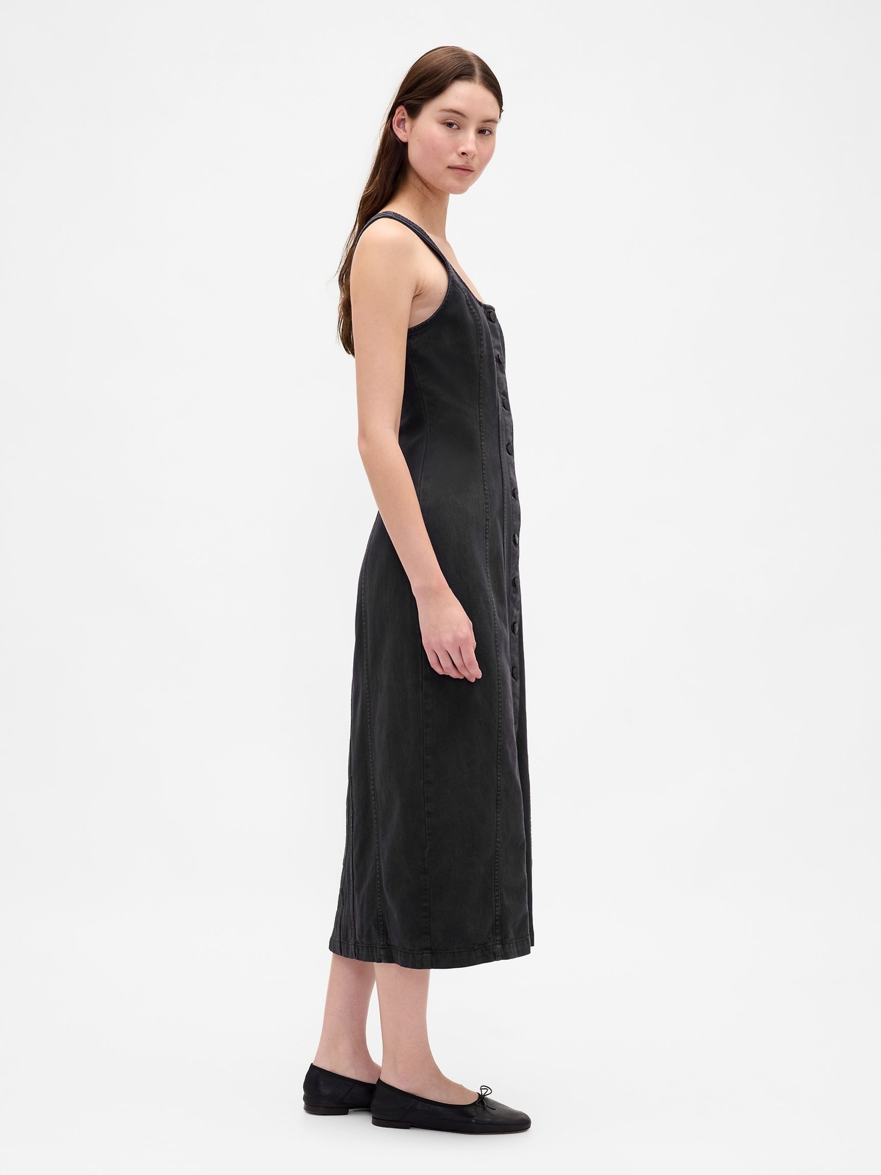 Black Seamed Button Front Midi Dress - Image 3 of 4