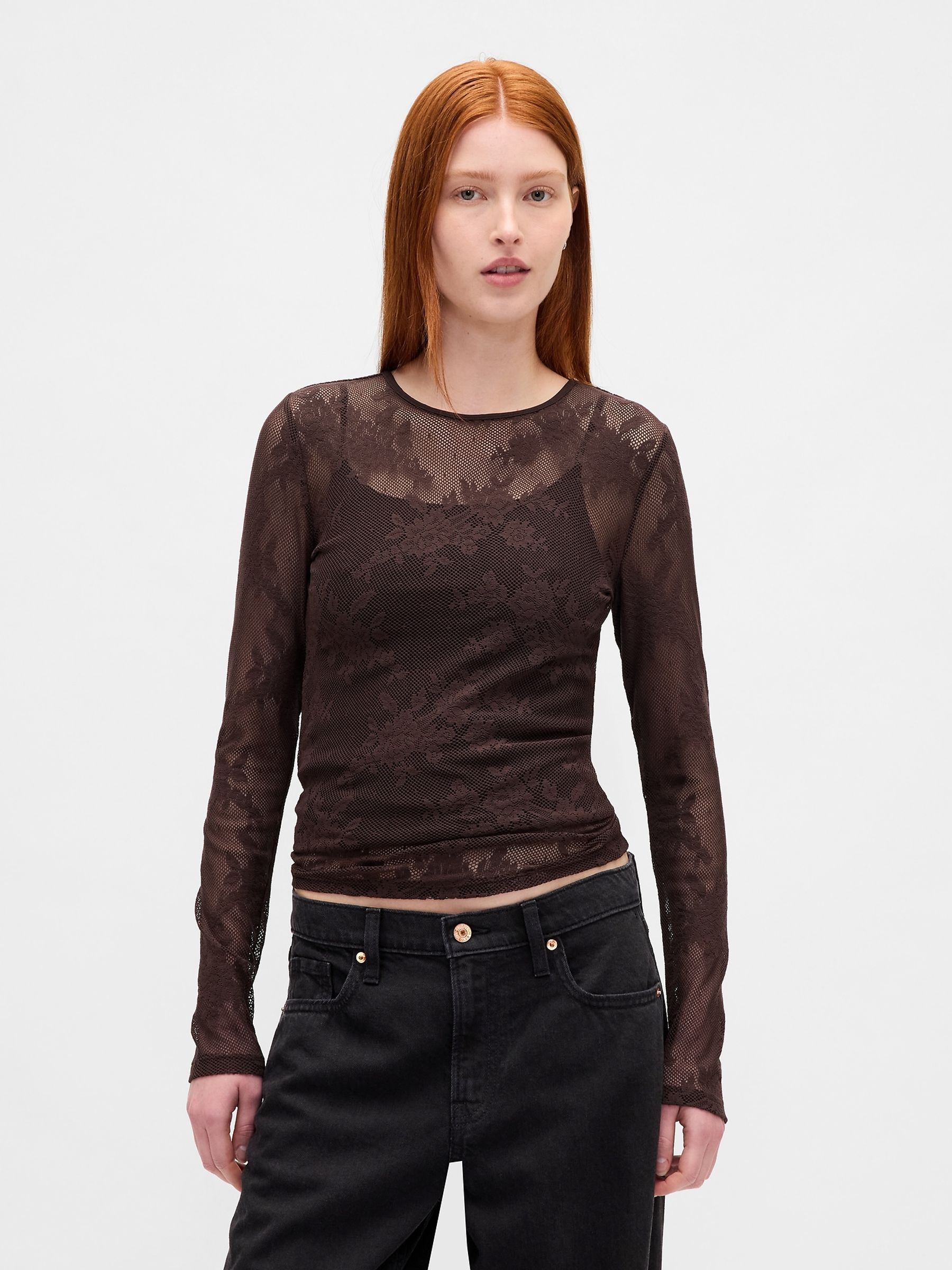 Brown Sheer Lace Top - Image 1 of 4