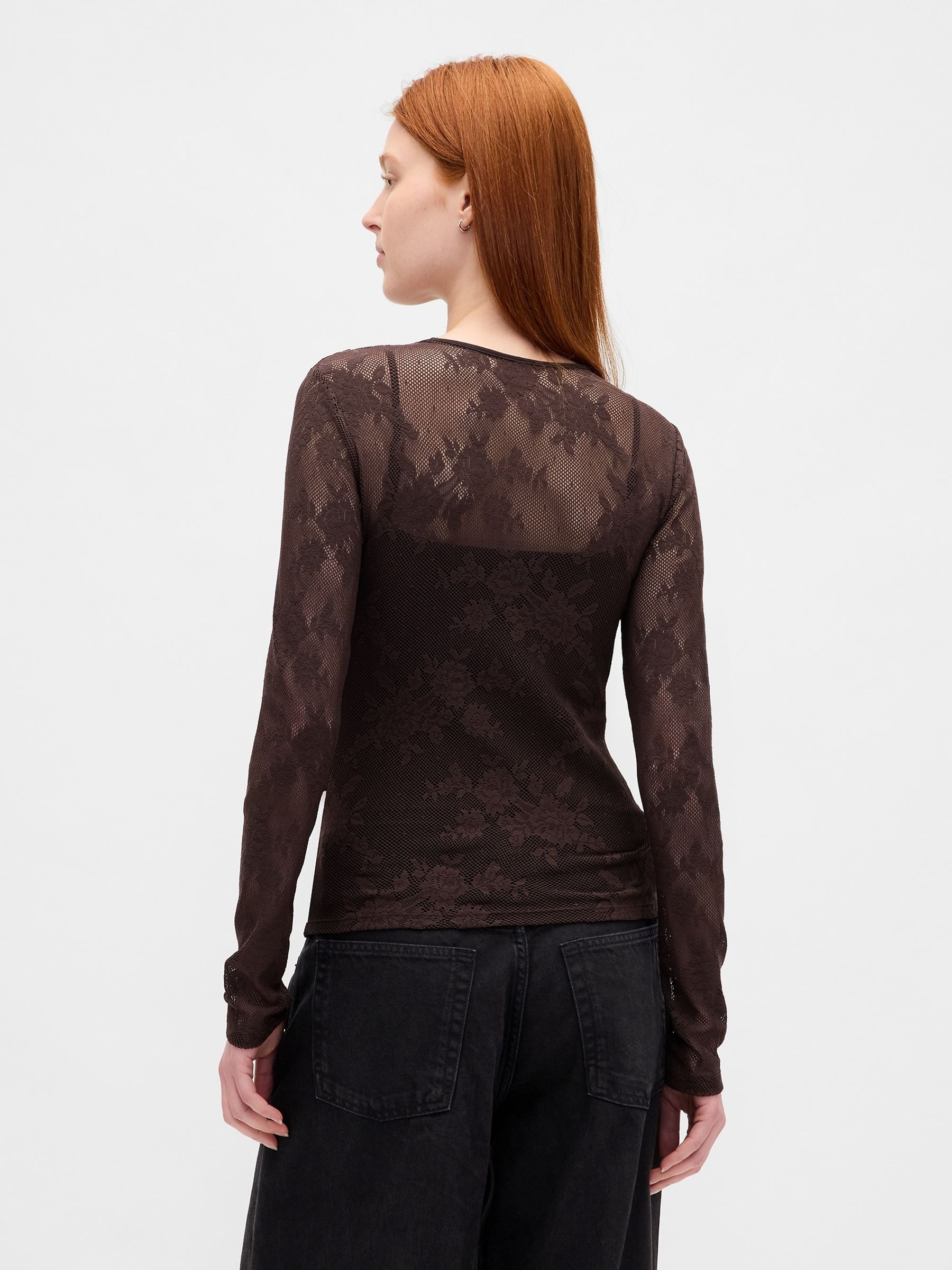 Brown Sheer Lace Top - Image 2 of 4