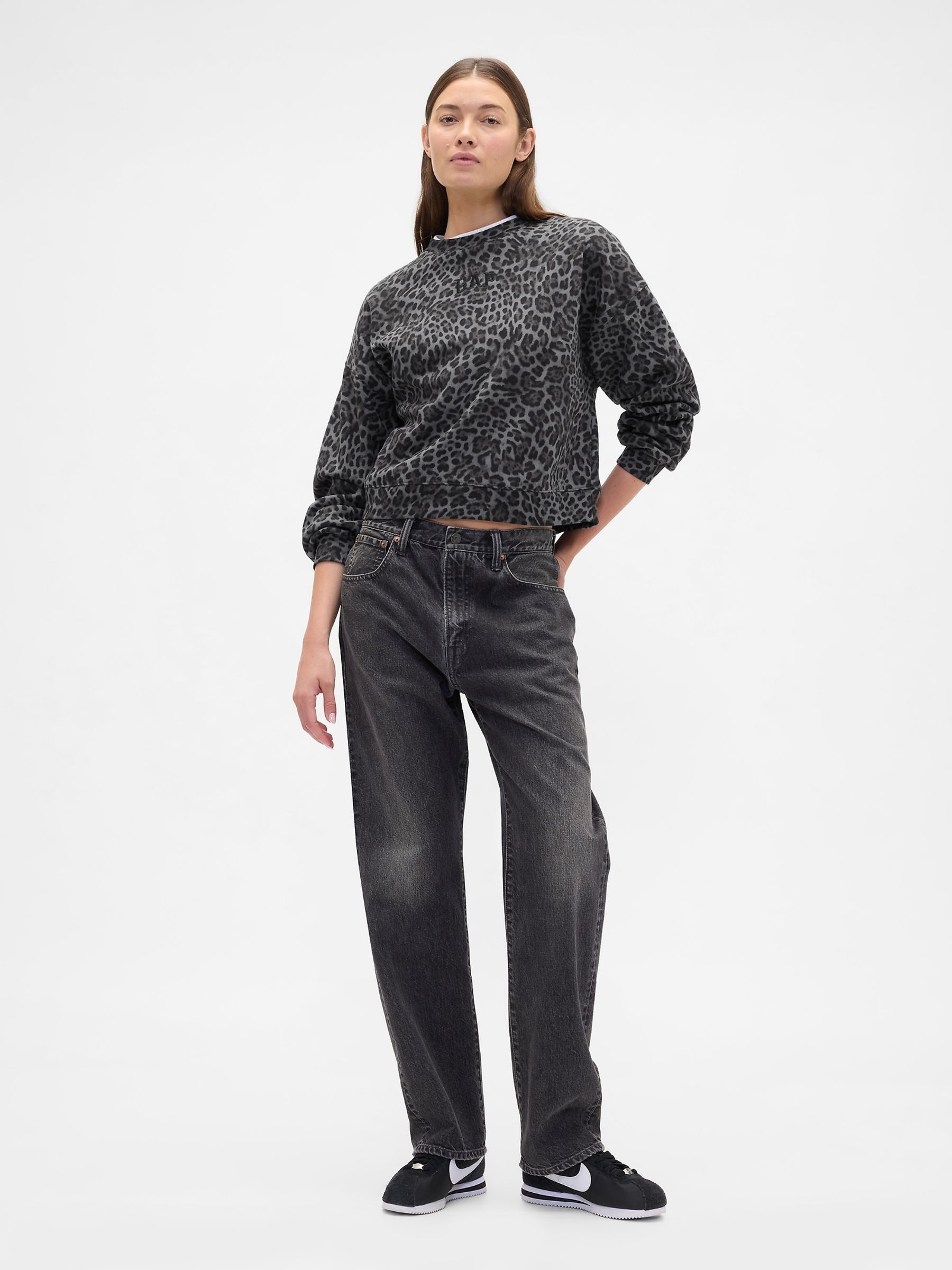 Grey Leopard Print Vintage Soft Wedge Crew Neck Sweatshirt | Gap