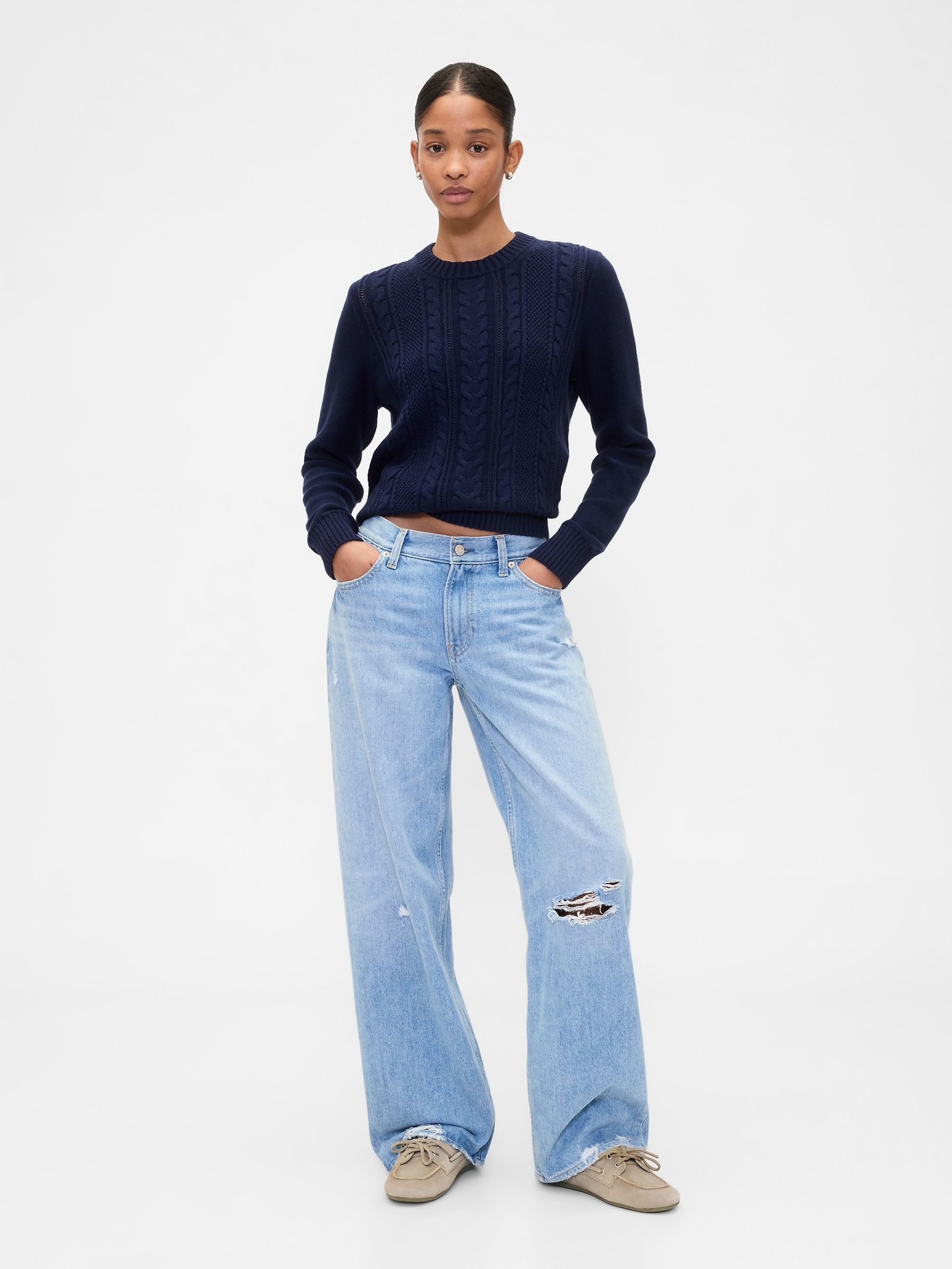 Navy Blue Cotton Cable Knit Sweatshirt - Image 3 of 4