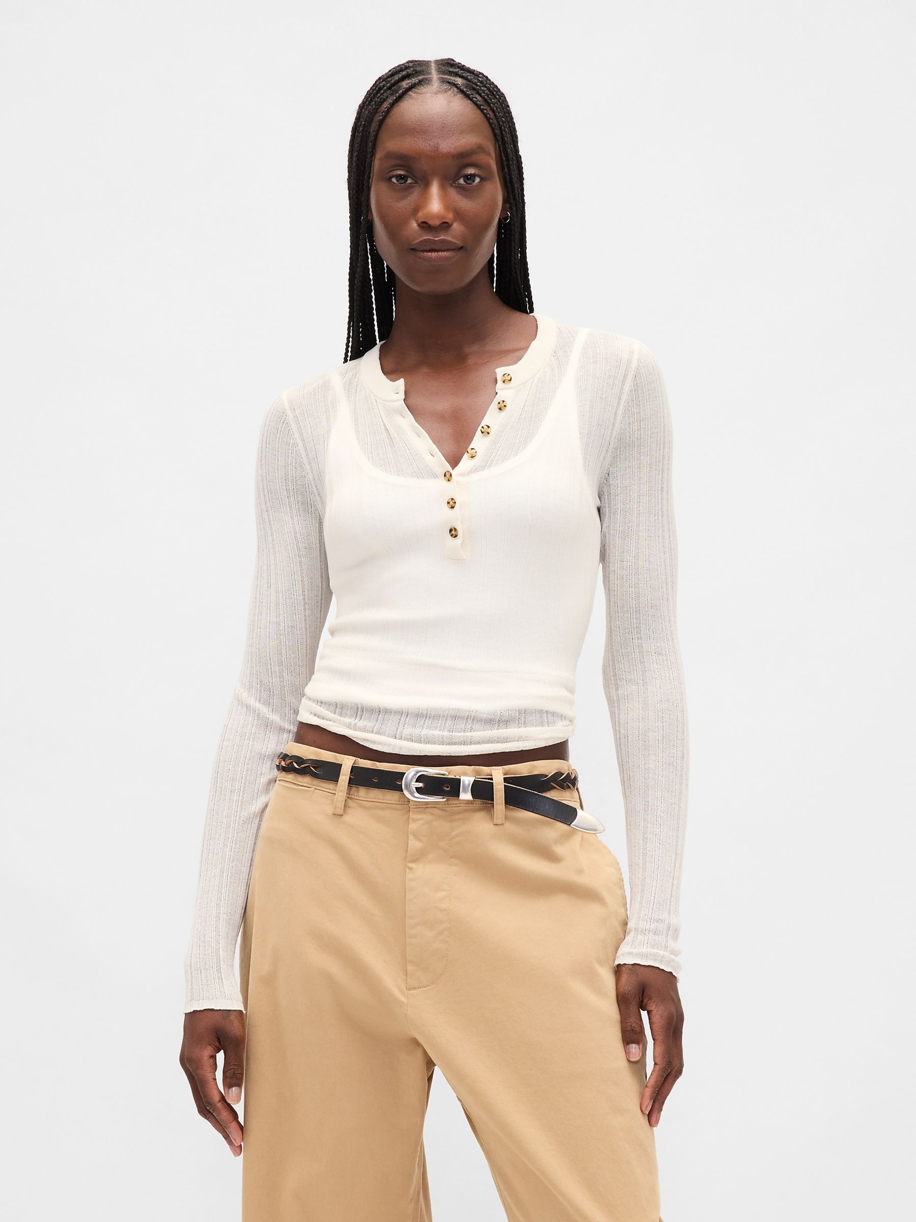 Cream Long Sleeve Sheer Rib Henley Top - Image 1 of 4