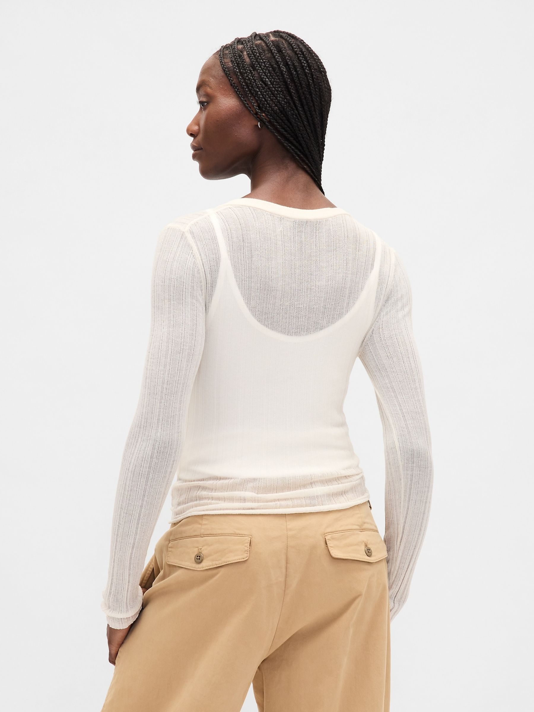 Cream Long Sleeve Sheer Rib Henley Top - Image 2 of 4
