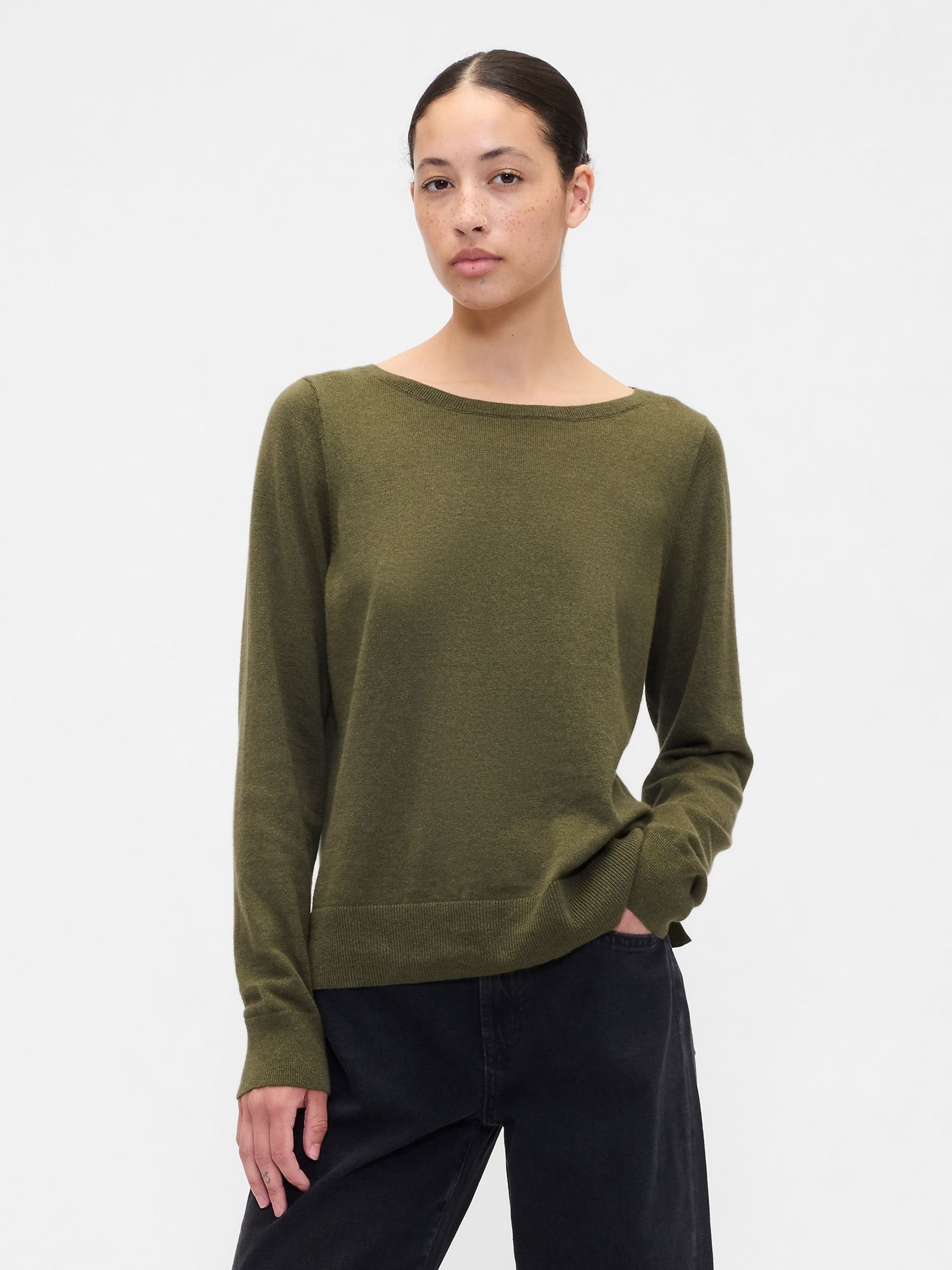 Olive Green Bella Boat Neck Jumper - Image 1 of 5 Olive Green Bella Boat Neck Jumper - Image 1 of 5