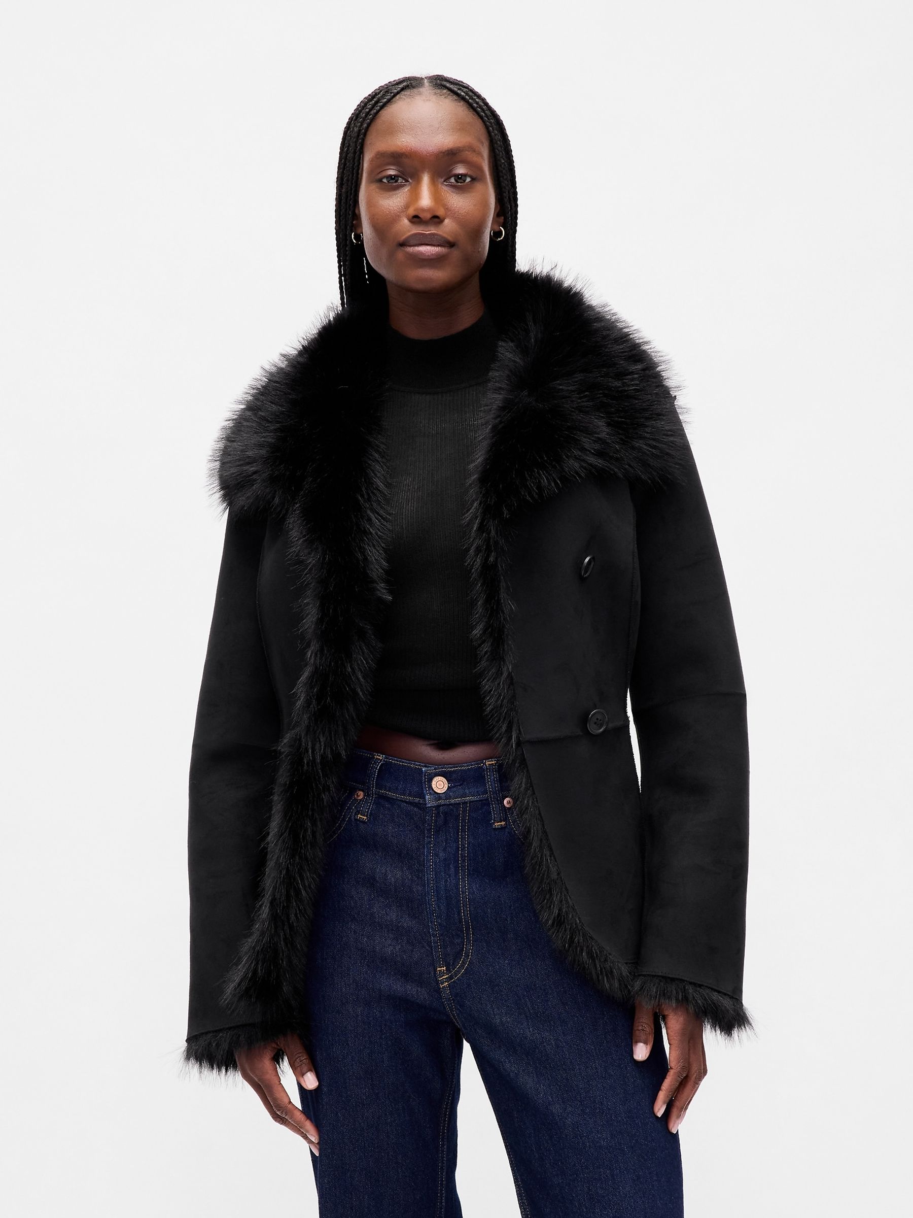 Black Vegan Suede and Faux Fur Jacket - Image 1 of 5 Black Vegan Suede and Faux Fur Jacket - Image 1 of 5