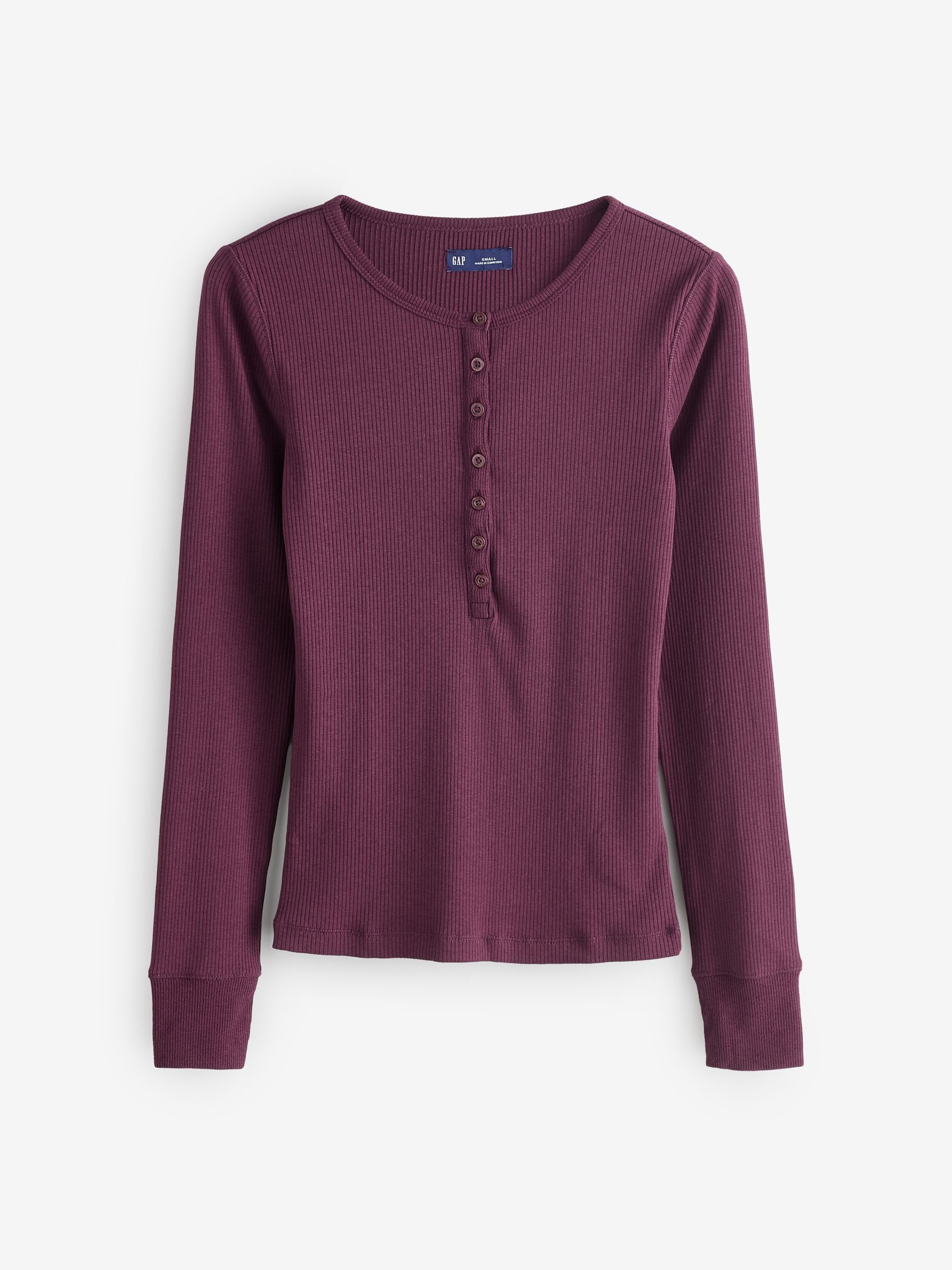 Modern Burgundy Red Long Sleeve Ribbed Henley Top - Image 1 of 3