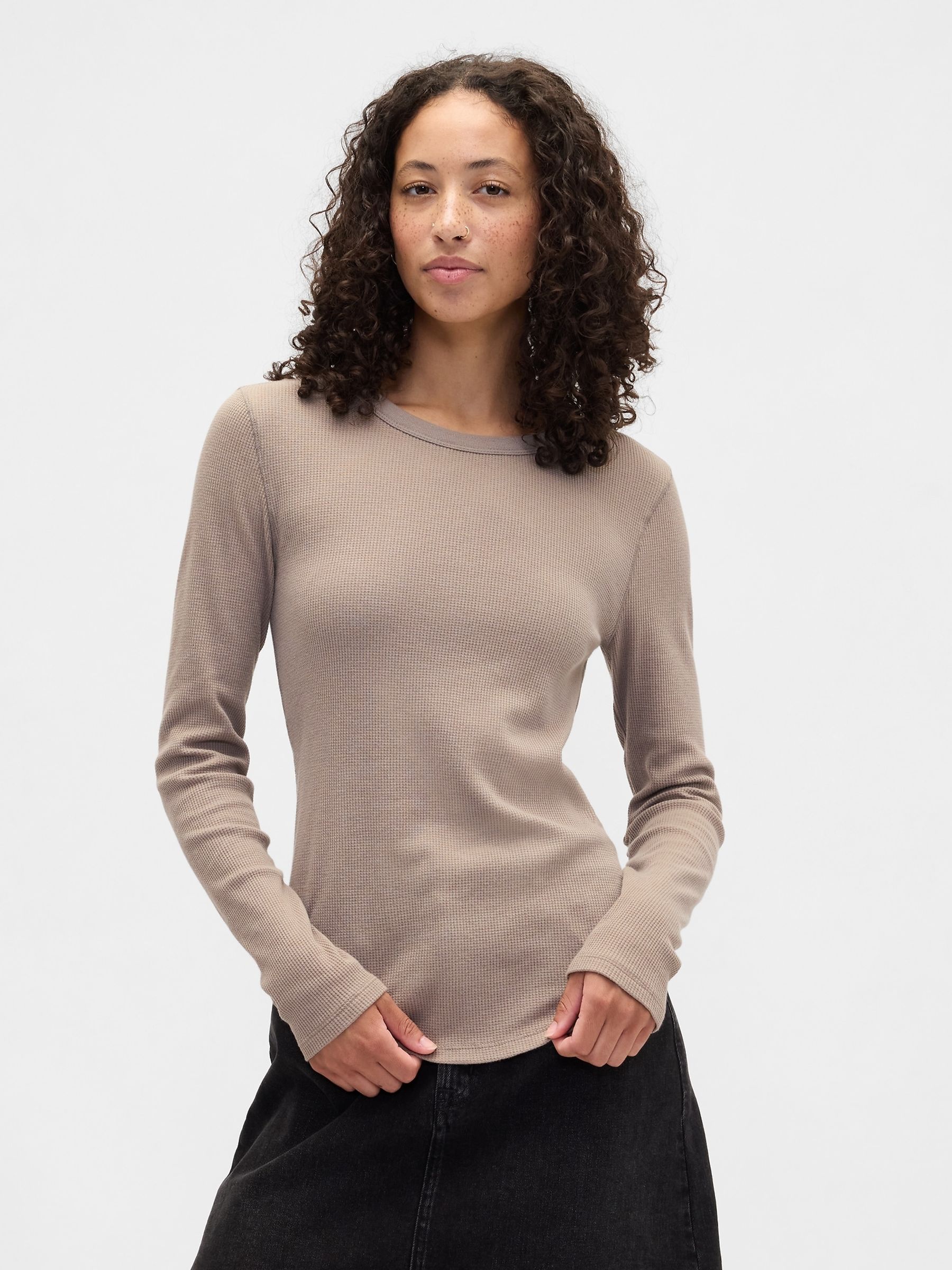 Brown Waffle Knit Long Sleeve T-Shirt - Image 1 of 2