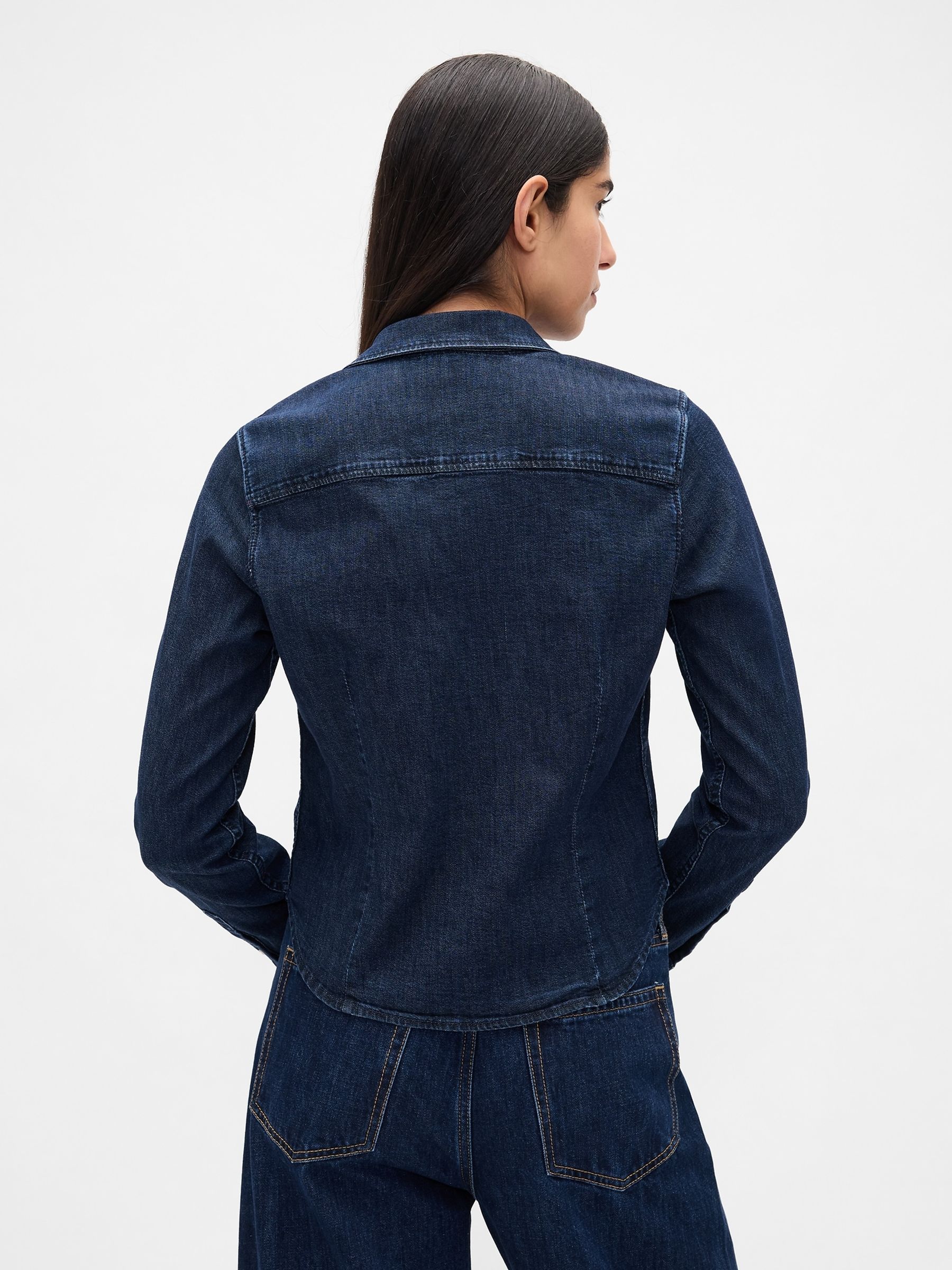 Blue Denim Fitted Crop Shirt - Image 4 of 5