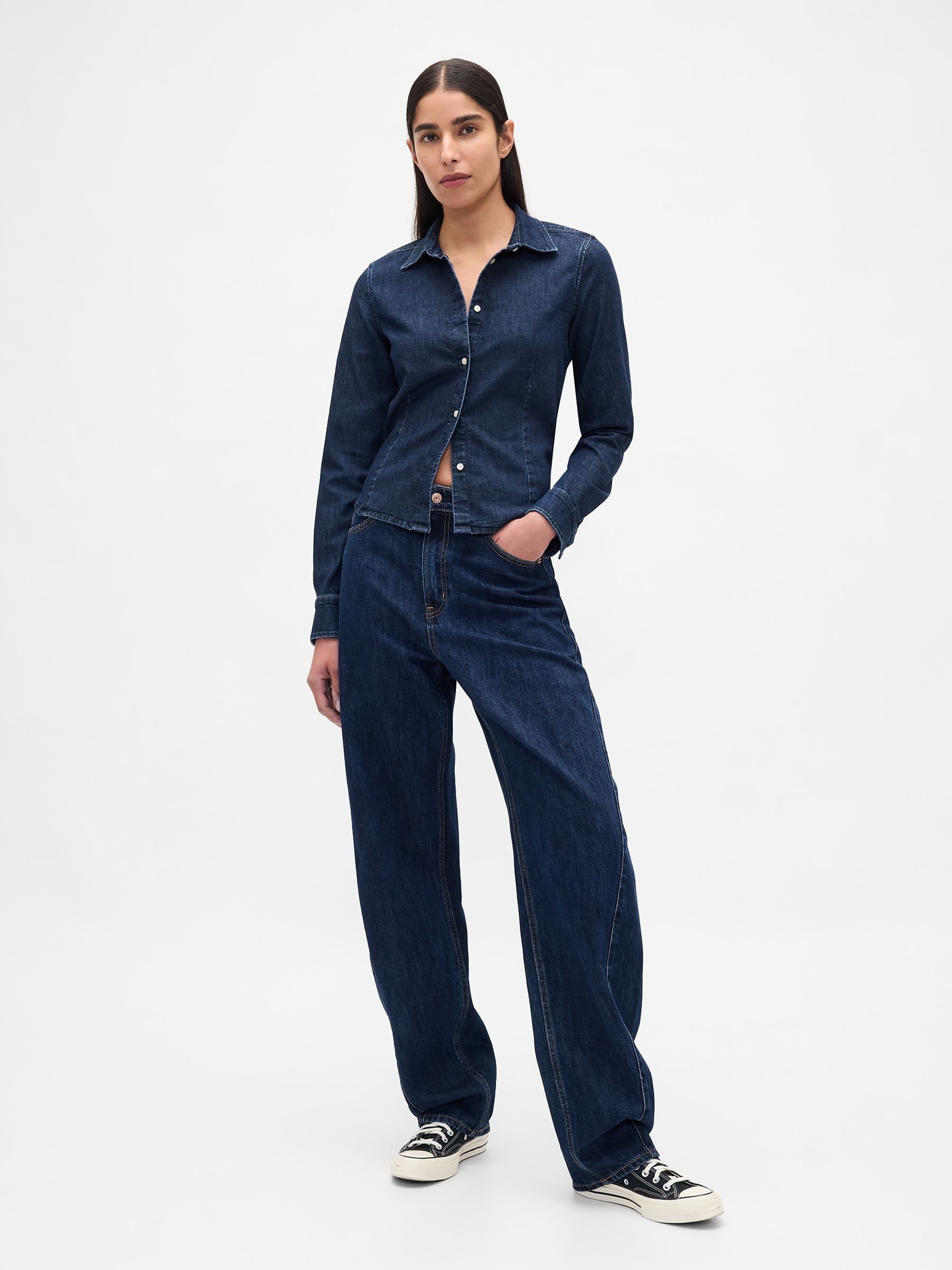 Blue Denim Fitted Crop Shirt - Image 5 of 5
