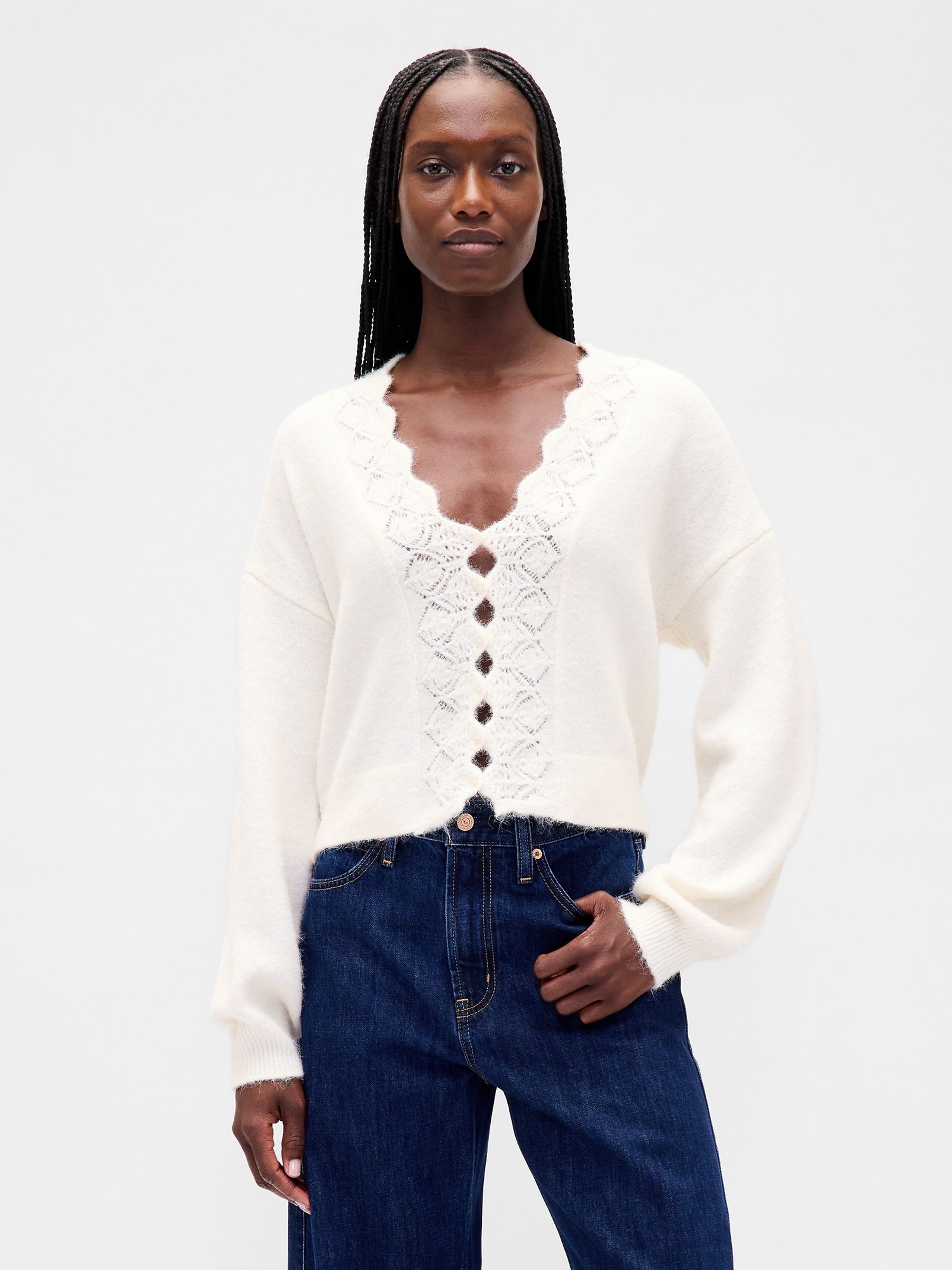 Cream Fuzzy Pointelle Scalloped Crop Cardigan - Image 1 of 4