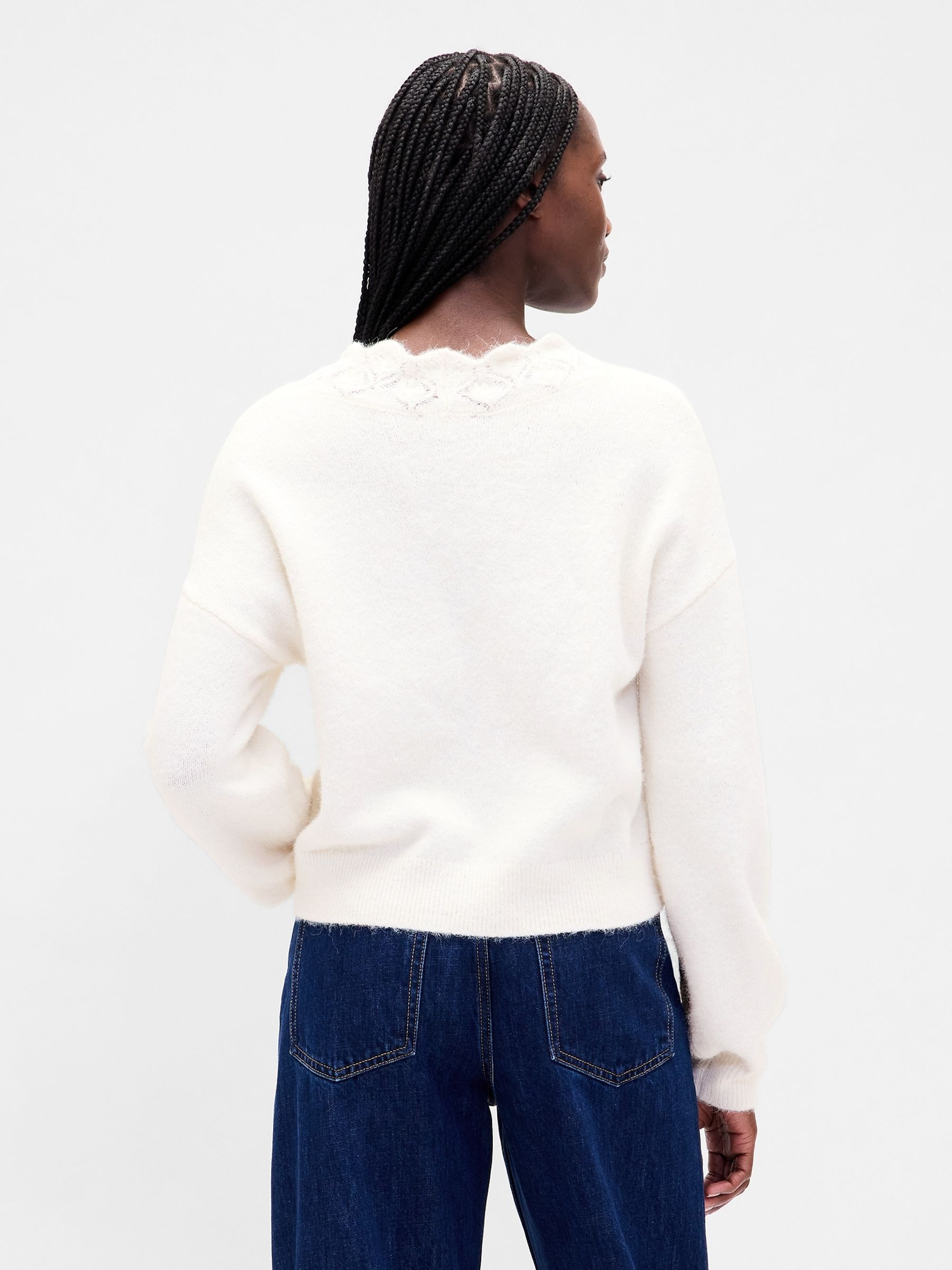Cream Fuzzy Pointelle Scalloped Crop Cardigan - Image 2 of 4