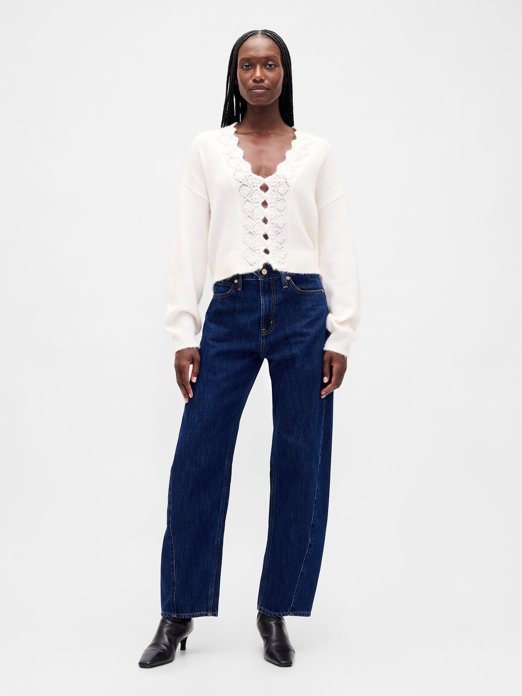 Cream Fuzzy Pointelle Scalloped Crop Cardigan - Image 3 of 4