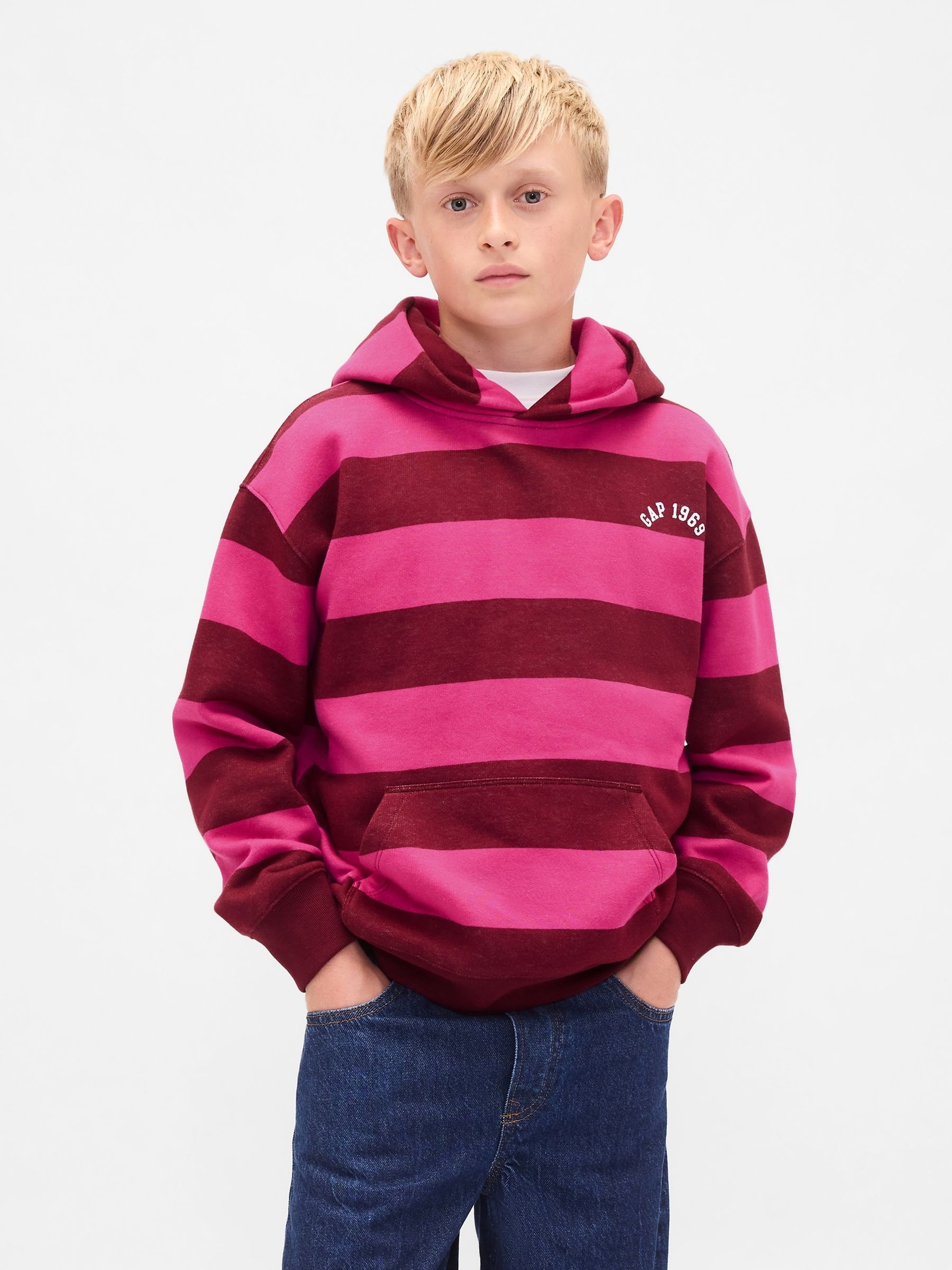 Burgundy Red Rugby Stripe Logo Hoodie (4-13yrs) - Image 1 of 5
