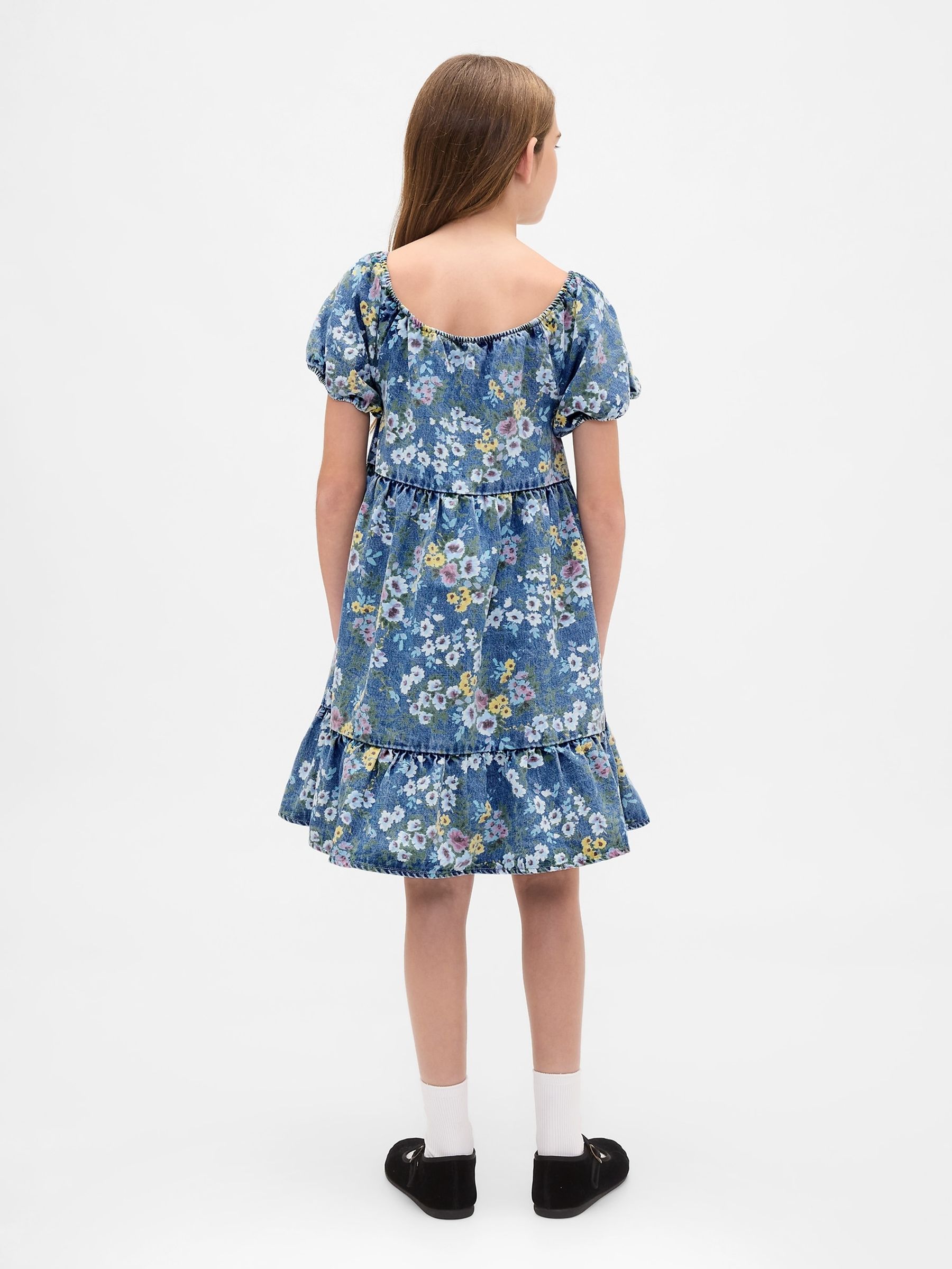 Blue Denim Puff-Sleeve Floral Dress (4-13yrs) - Image 2 of 5 Blue Denim Puff-Sleeve Floral Dress (4-13yrs) - Image 2 of 5