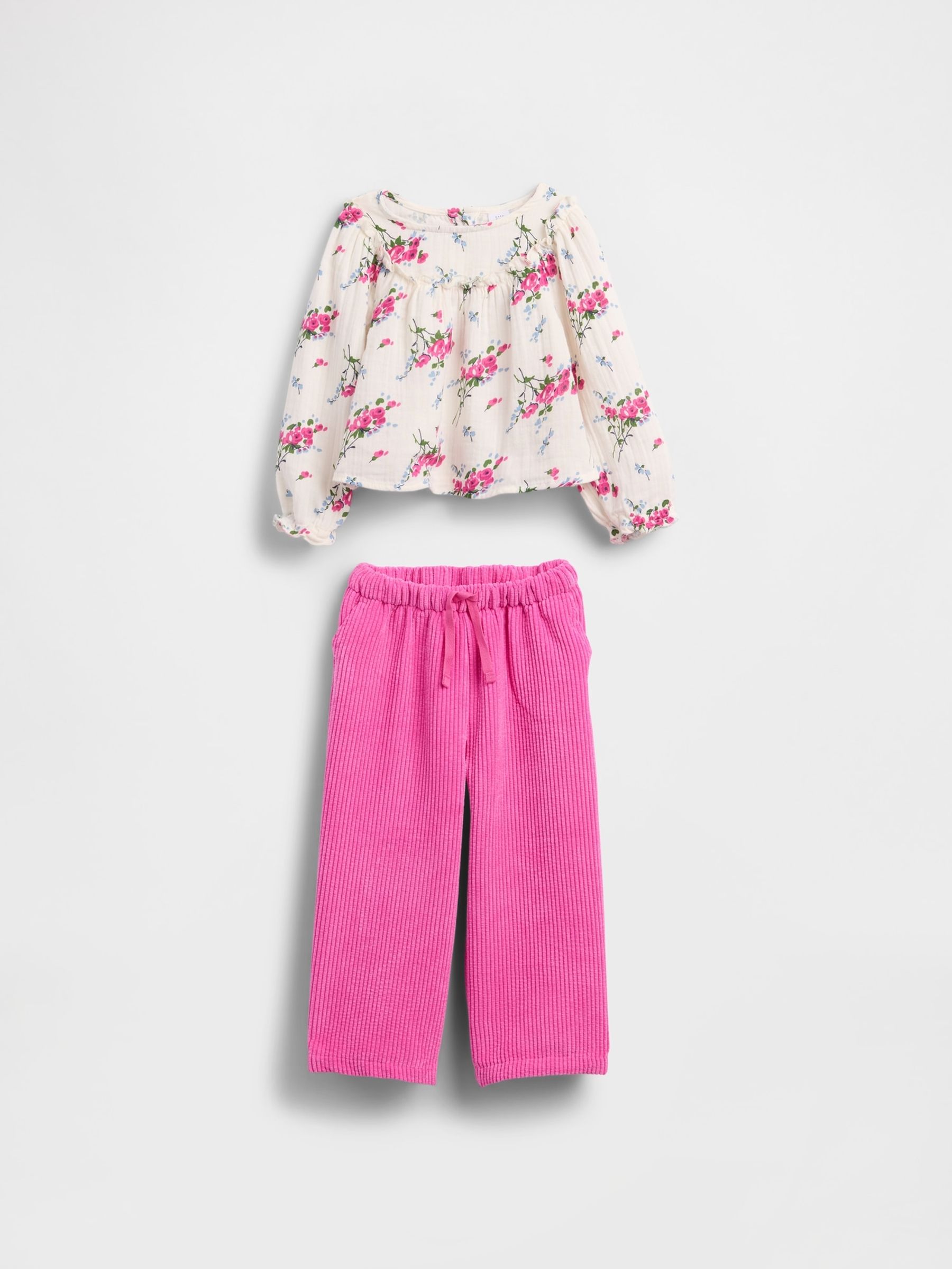 Pink Floral Cotton Gauze and Corduroy Outfit Set (6mths-5yrs) - Image 2 of 3